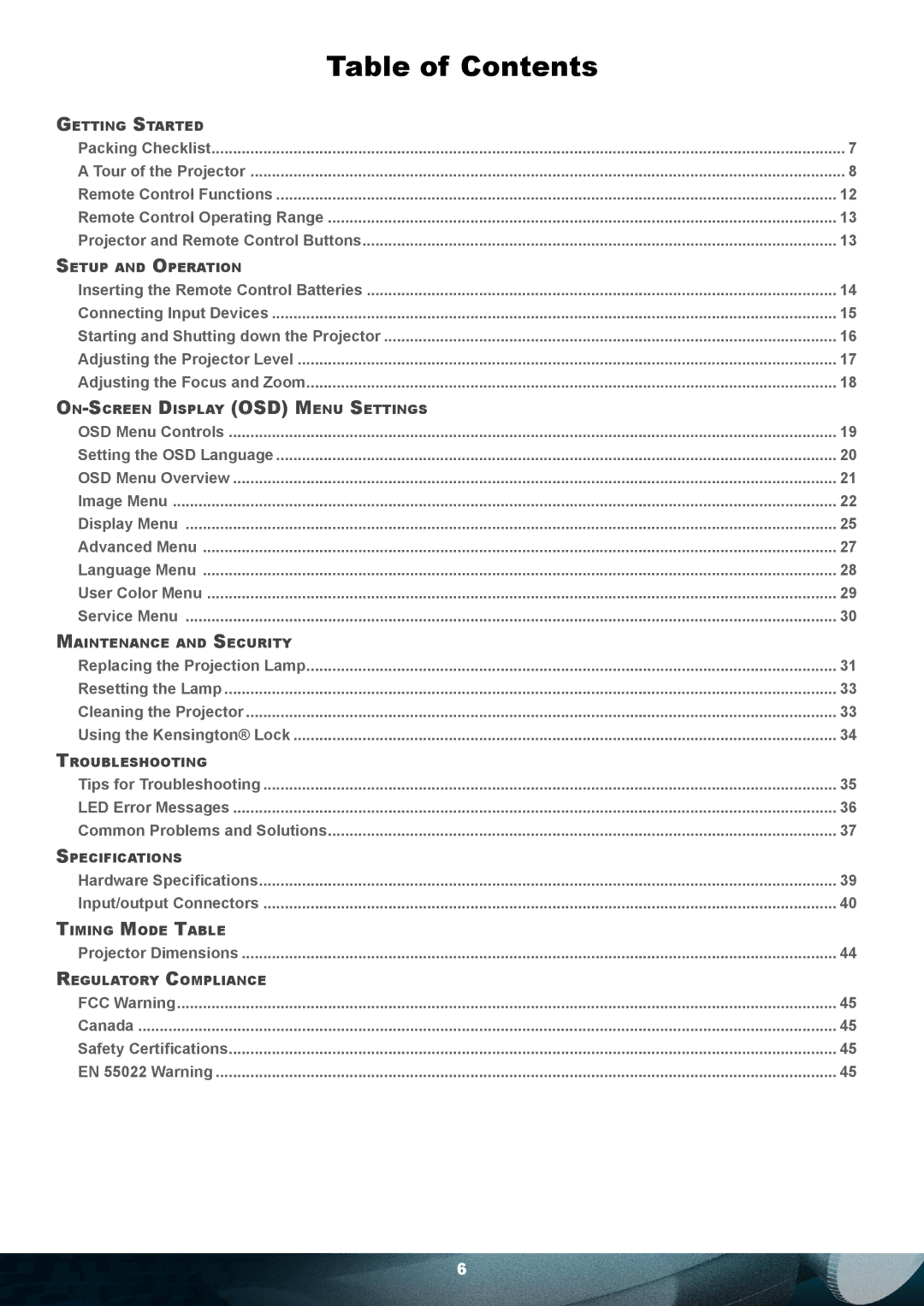 Planar PD7010 user manual Table of Contents 