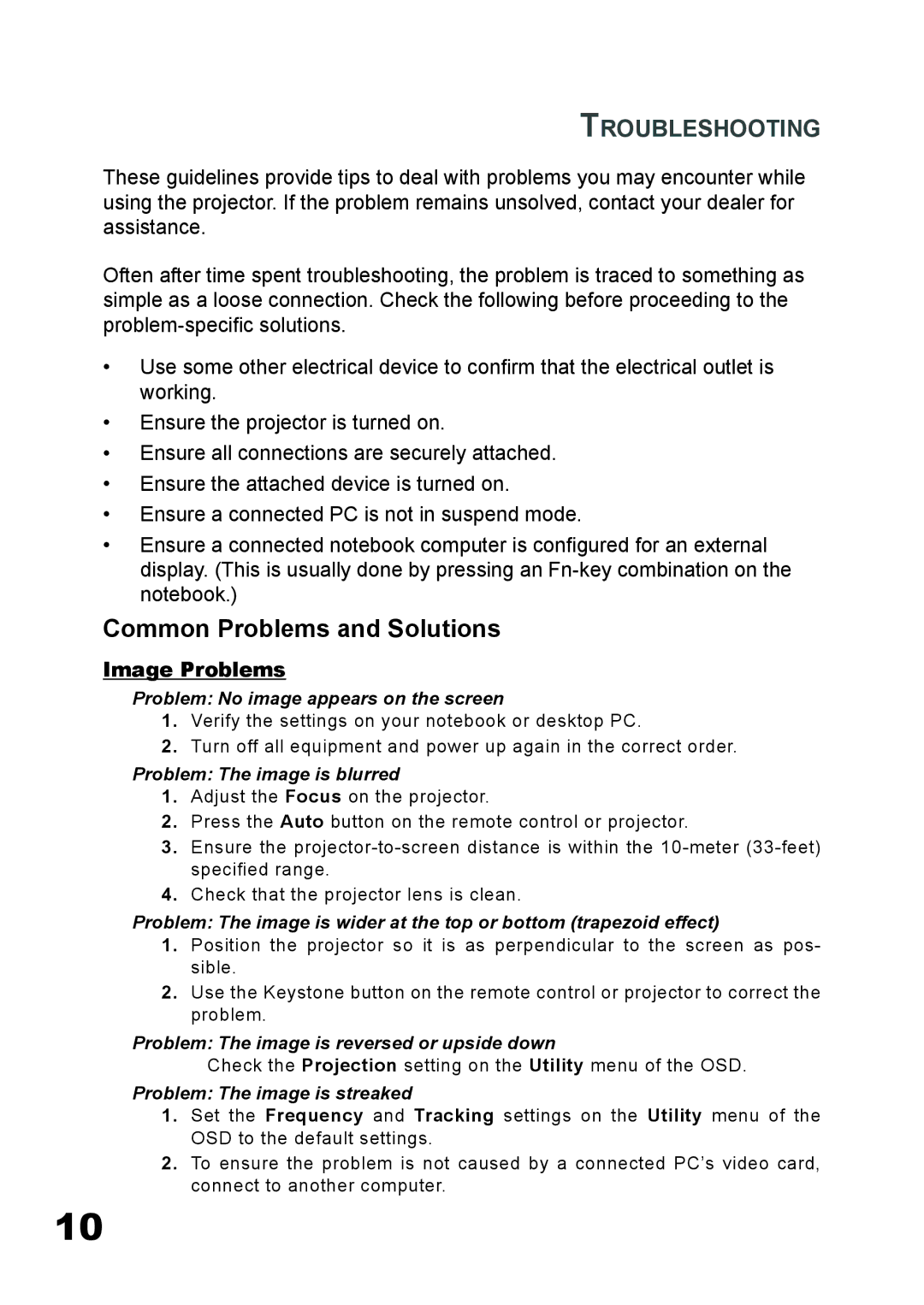 Planar PD7060 manual Common Problems and Solutions, Troubleshooting 