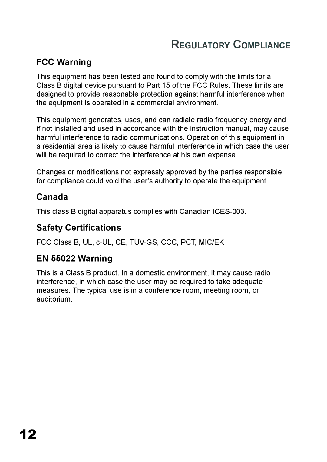 Planar PD7060 manual FCC Warning, Canada, Safety Certiﬁcations, EN 55022 Warning, Regulatory Compliance 