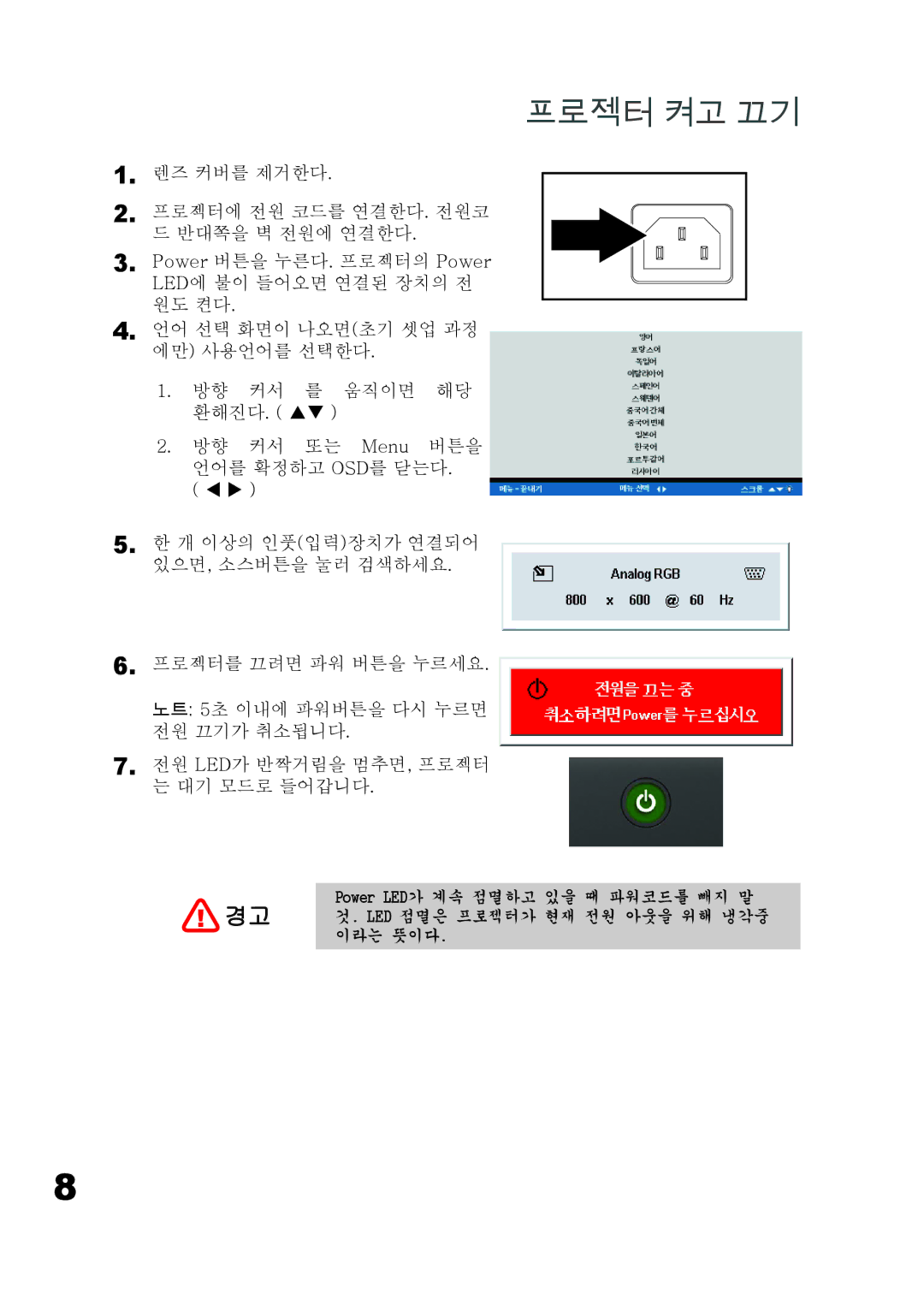 Planar PD7060 manual 프로젝터 켜고 끄기 