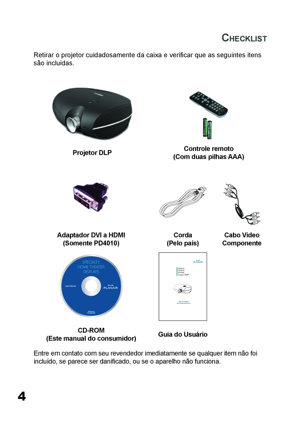 Planar PD7060 manual Checklist, Projetor DLP, Adaptador DVI a Hdmi Somente PD4010 Corda, Pelo país 