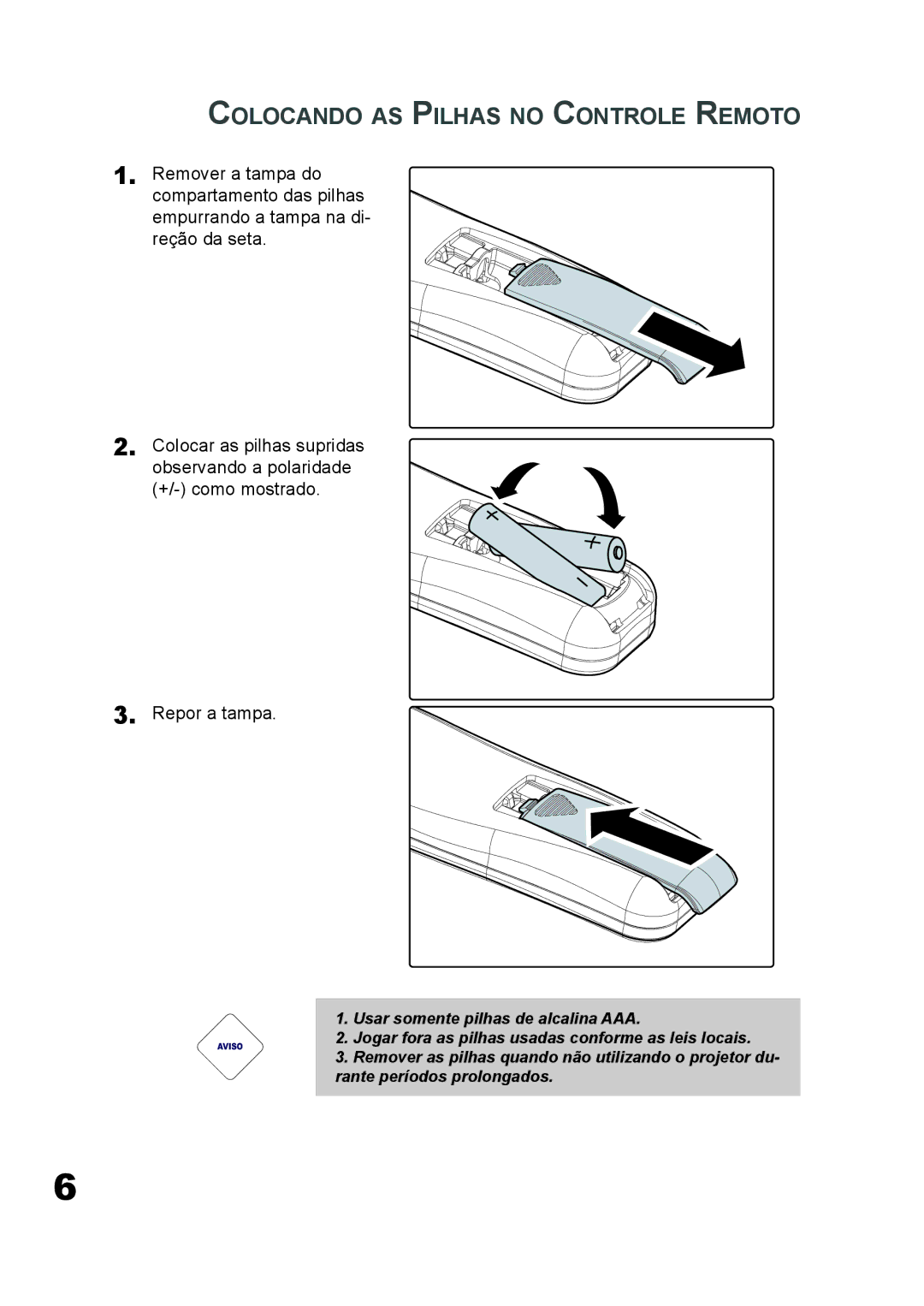 Planar PD7060 manual Colocando AS Pilhas no Controle Remoto, +/- como mostrado Repor a tampa 