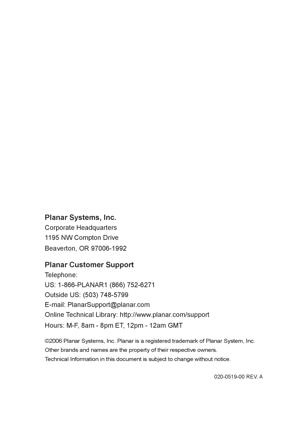 Planar PD7060 manual Planar Systems, Inc 