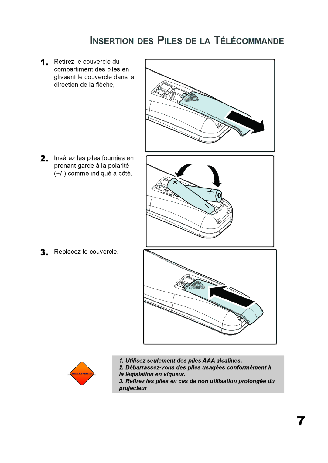 Planar PD7060 manual Insertion DES Piles DE LA Télécommande, +/- comme indiqué à côté Replacez le couvercle 