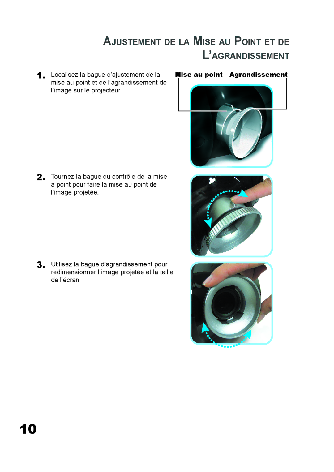 Planar PD7060 manual Ajustement DE LA Mise AU Point ET DE ’AGRANDISSEMENT, Mise au point Agrandissement 