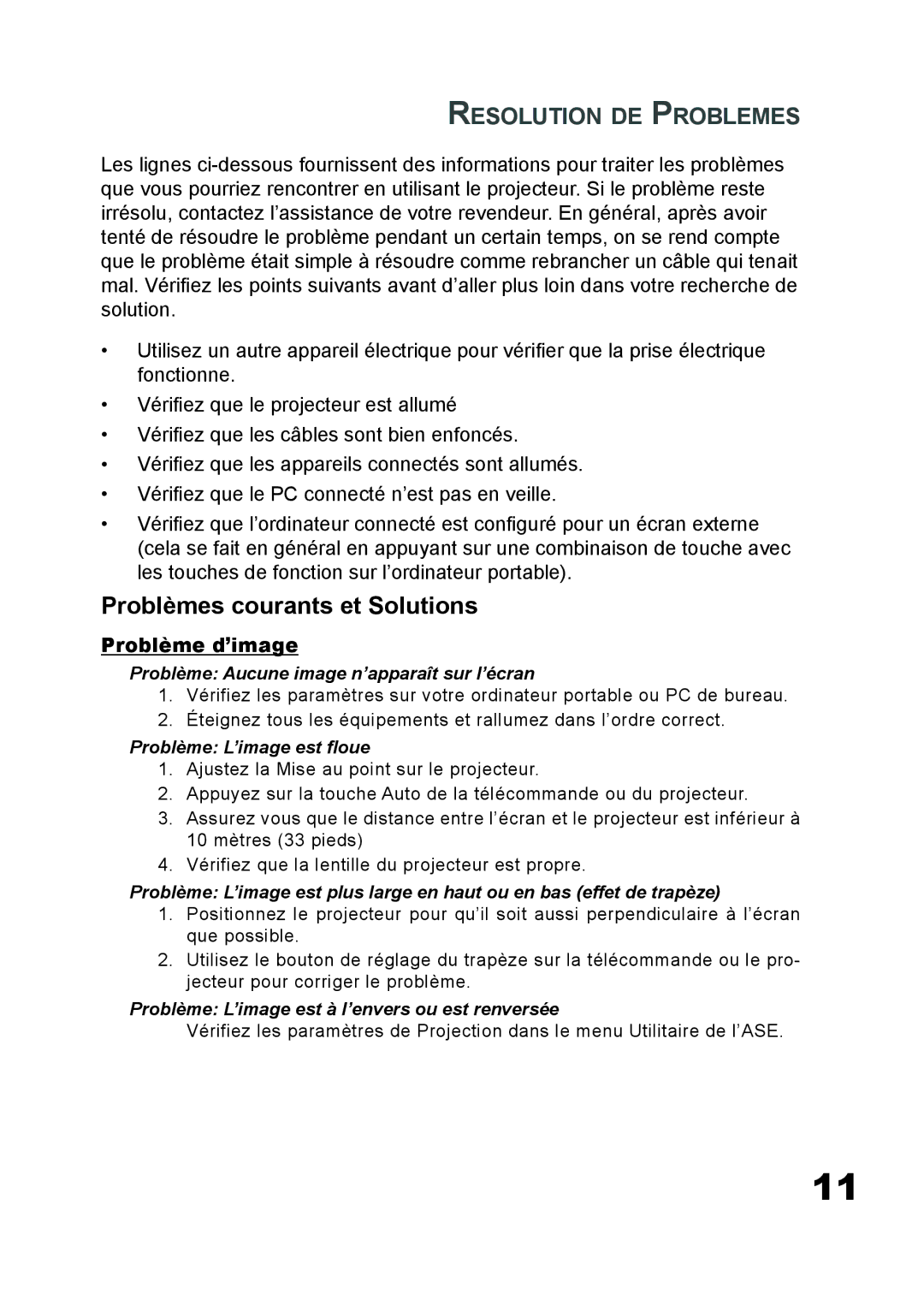 Planar PD7060 manual Problèmes courants et Solutions, Resolution DE Problemes, Problème d’image 