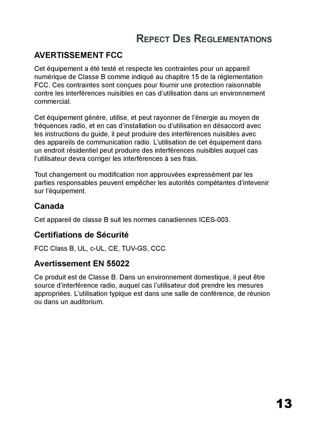 Planar PD7060 manual Certiﬁations de Sécurité, Avertissement EN, Repect DES Reglementations 