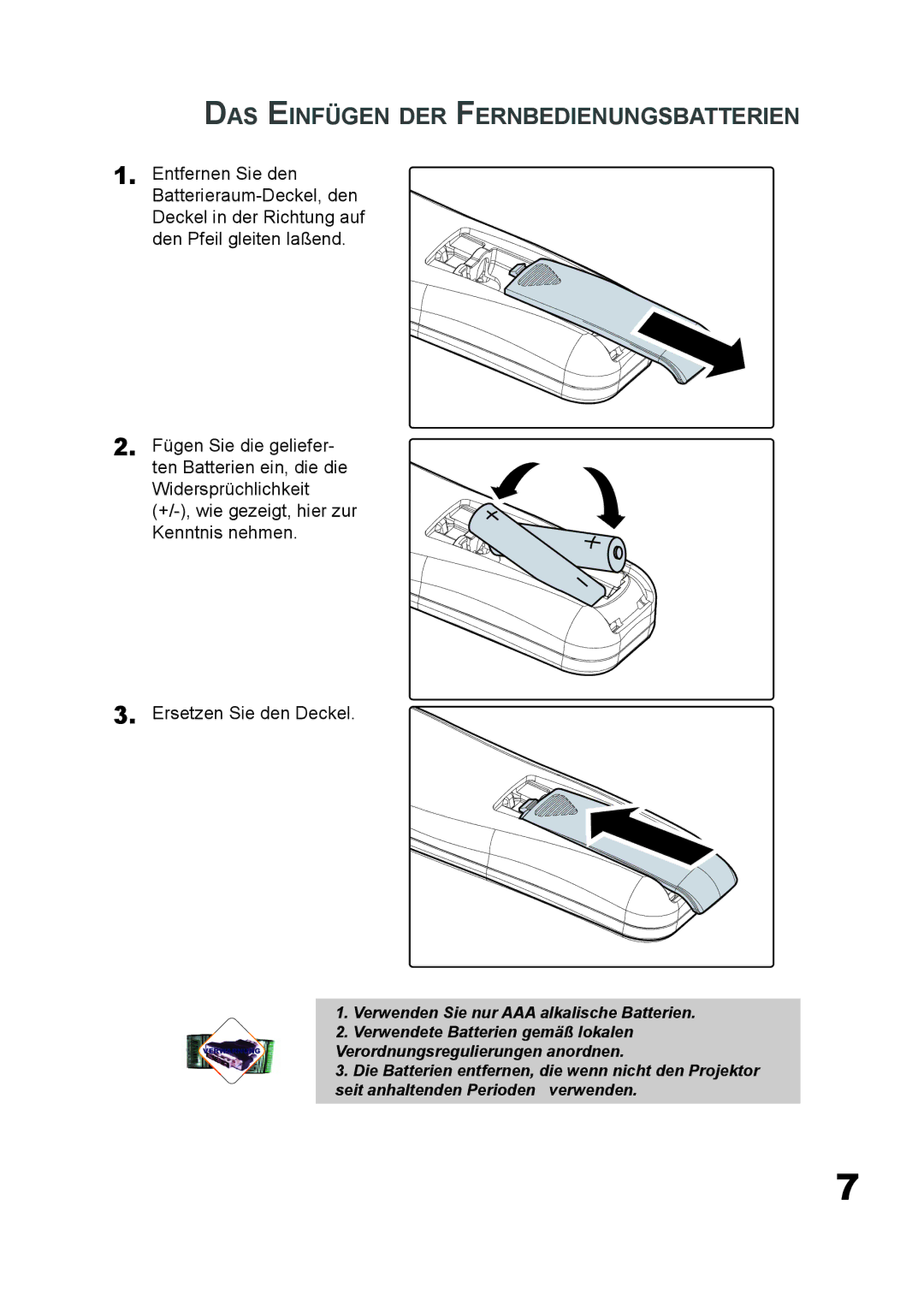 Planar PD7060 manual DAS Einfügen DER Fernbedienungsbatterien 