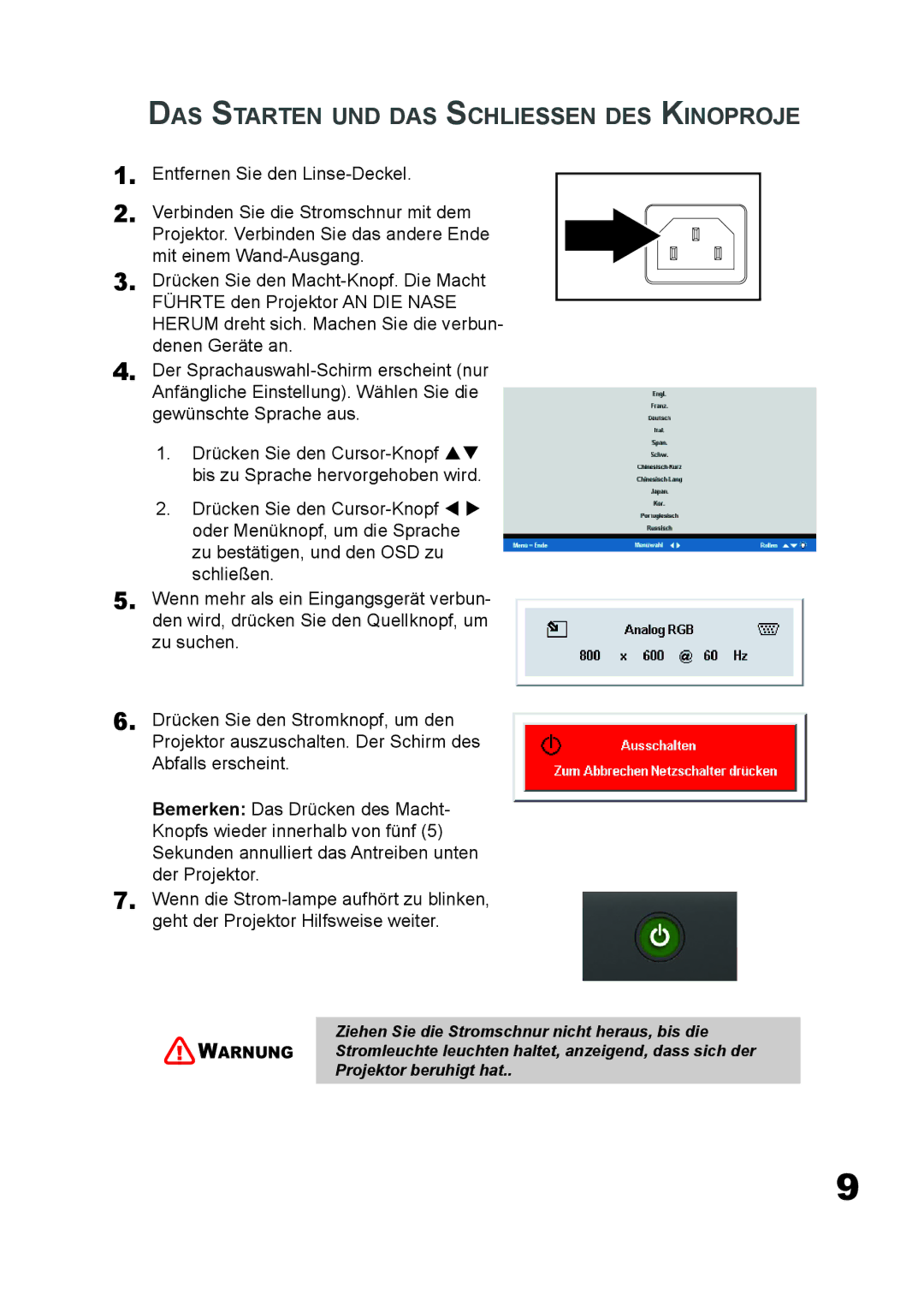 Planar PD7060 manual DAS Starten UND DAS Schliessen DES Kinoproje 