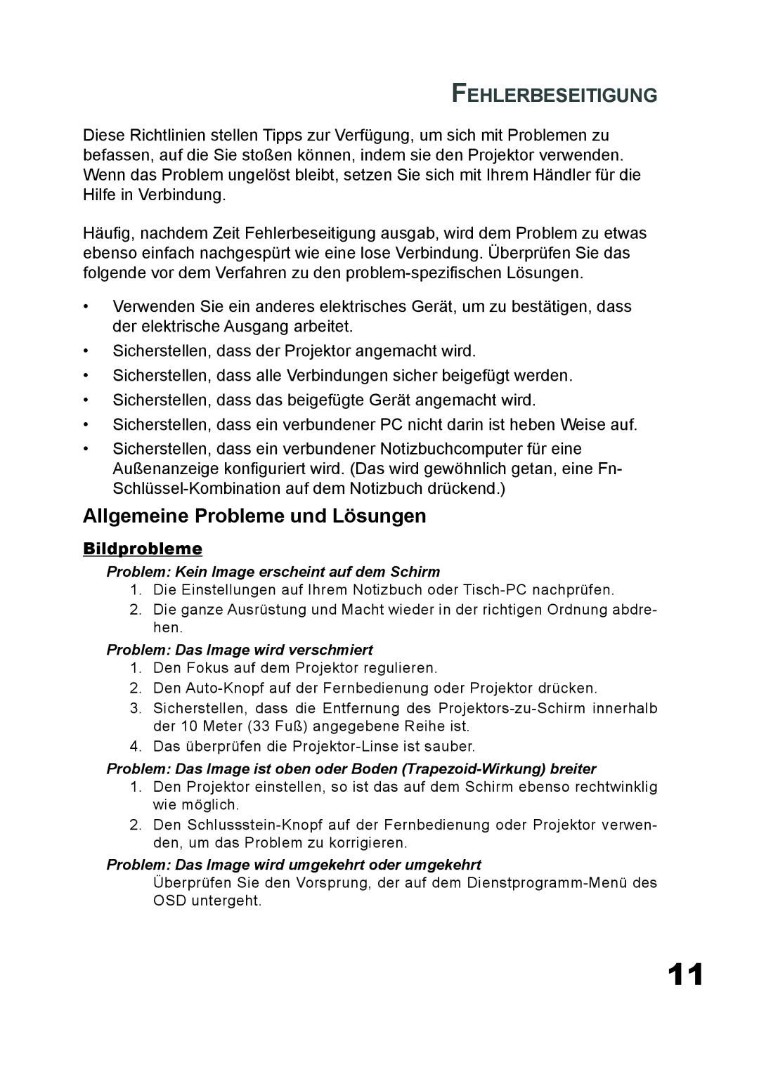 Planar PD7060 manual Allgemeine Probleme und Lösungen, Fehlerbeseitigung, Bildprobleme 