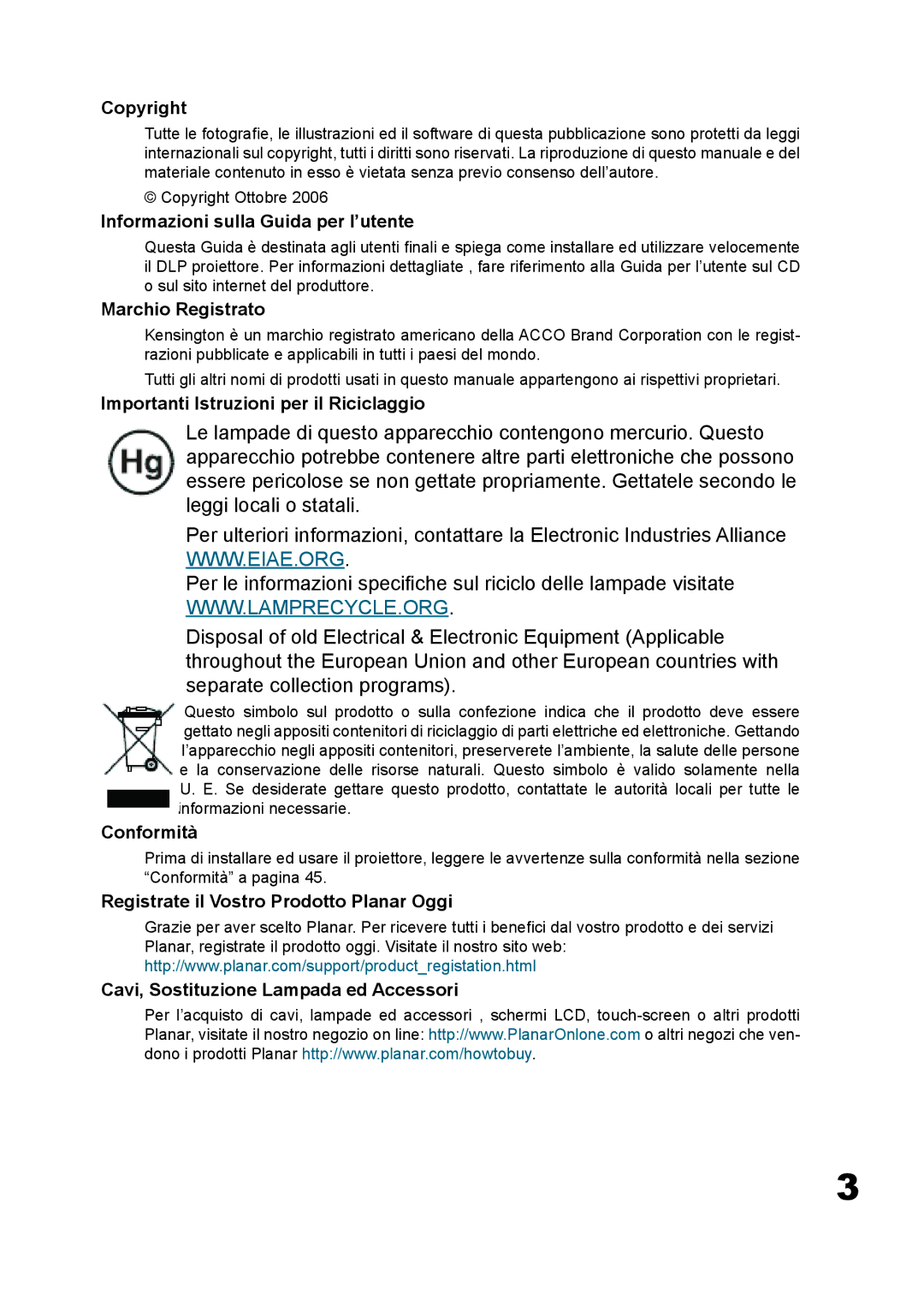Planar PD7060 manual Informazioni sulla Guida per l’utente, Marchio Registrato, Importanti Istruzioni per il Riciclaggio 