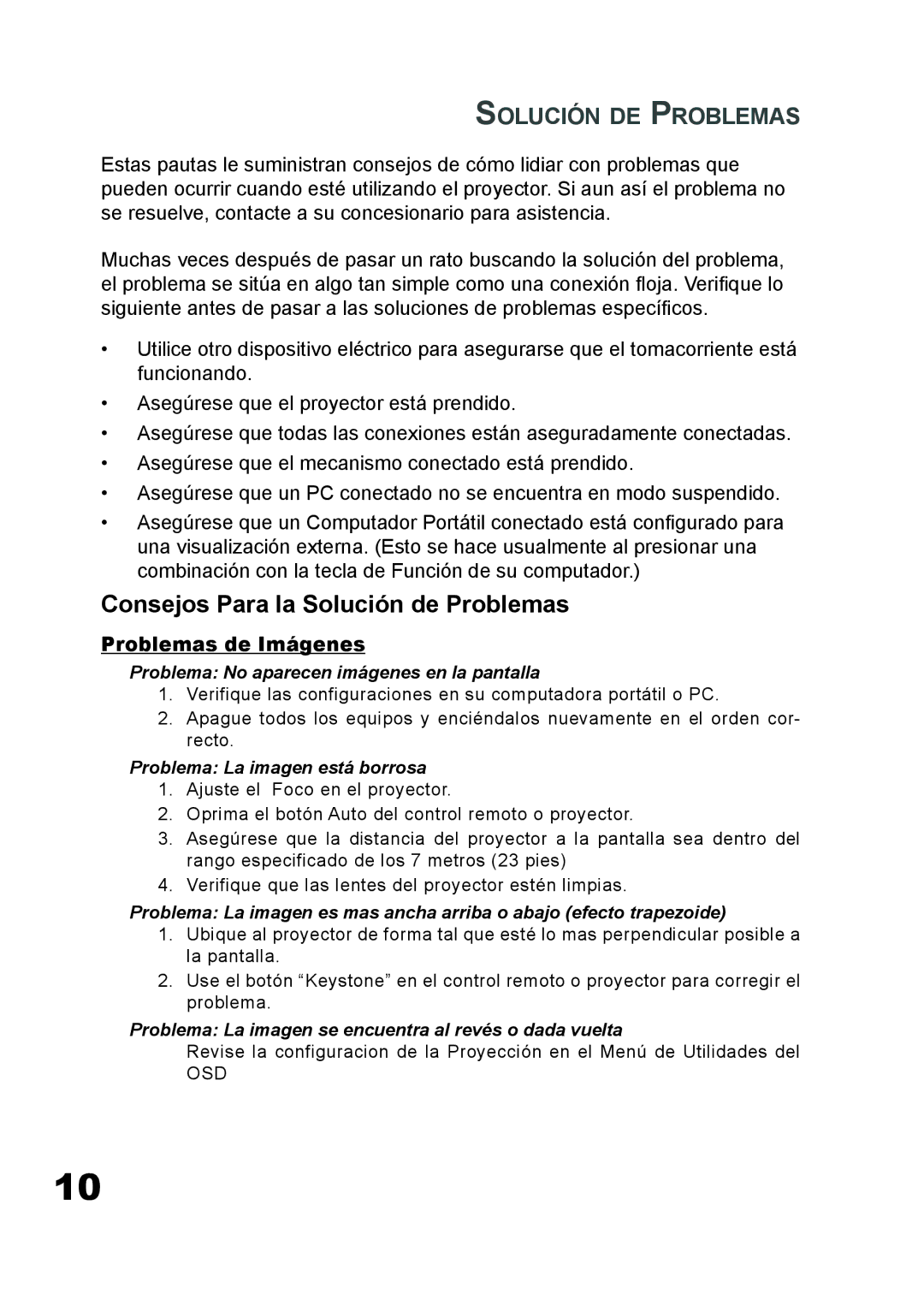 Planar PD7060 manual Consejos Para la Solución de Problemas, Solución DE Problemas, Problemas de Imágenes 