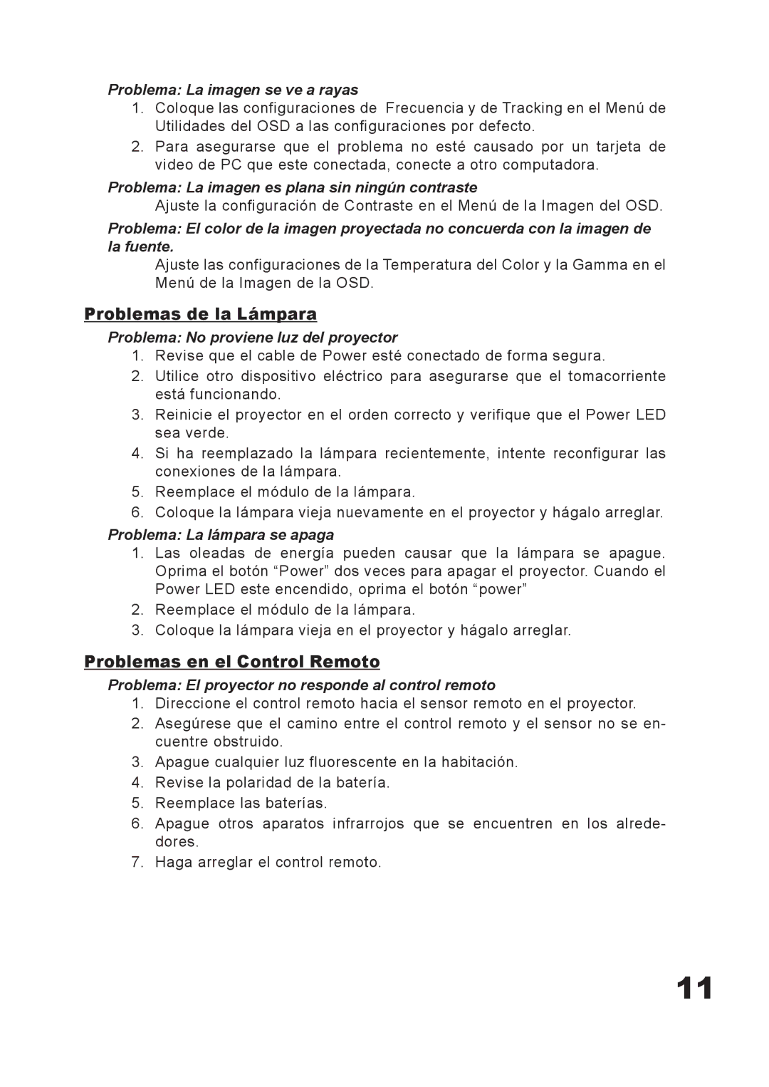 Planar PD7060 manual Problemas de la Lámpara, Problemas en el Control Remoto 