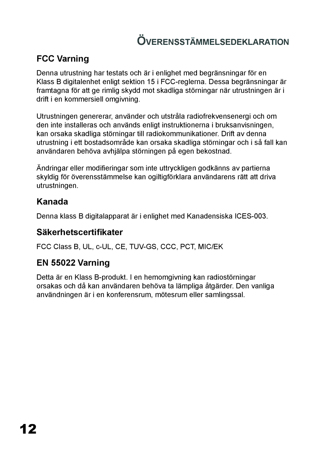 Planar PD7060 manual FCC Varning, Säkerhetscertiﬁkater, EN 55022 Varning, Överensstämmelsedeklaration 