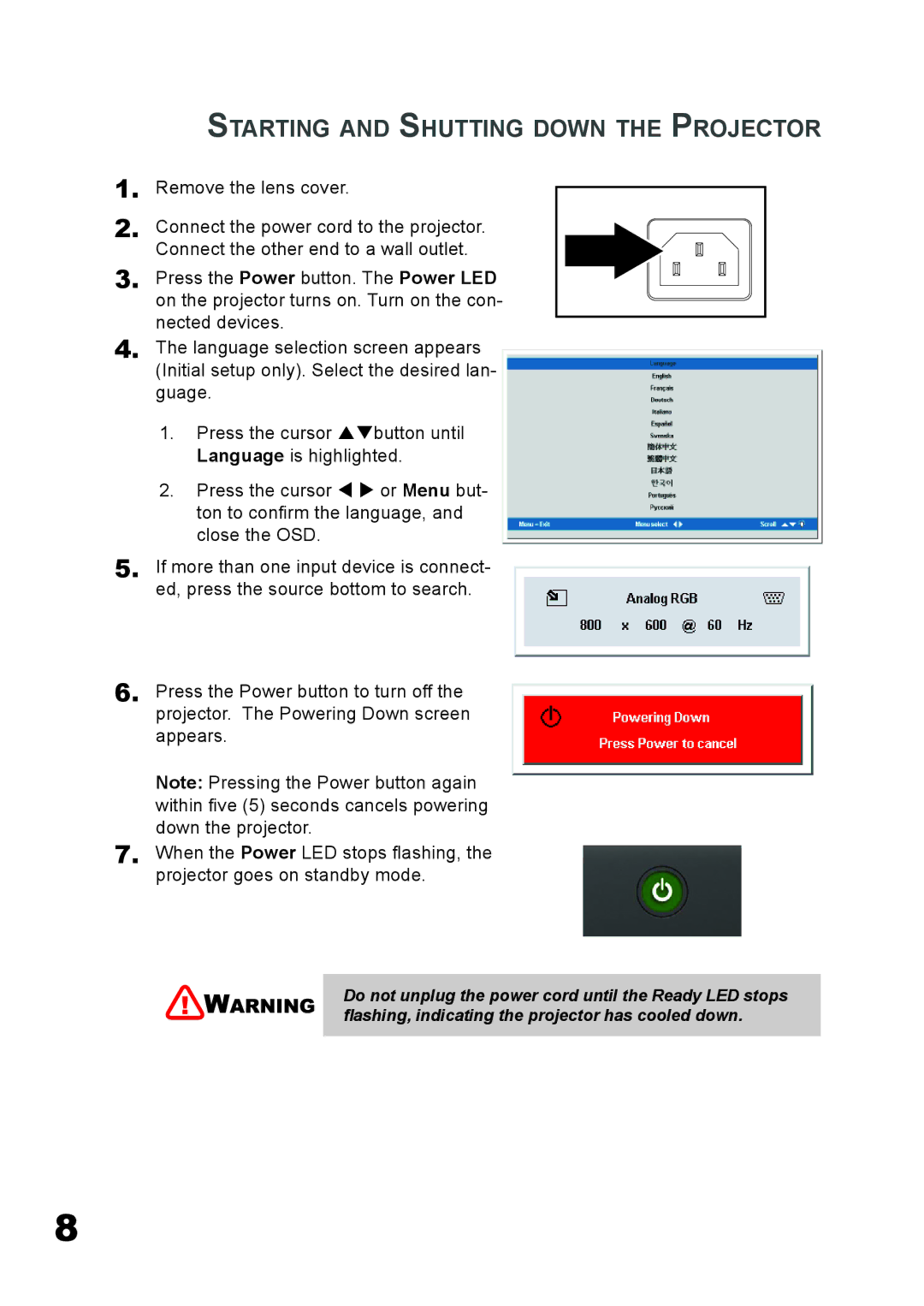 Planar PD7060 manual Starting and Shutting Down the Projector 