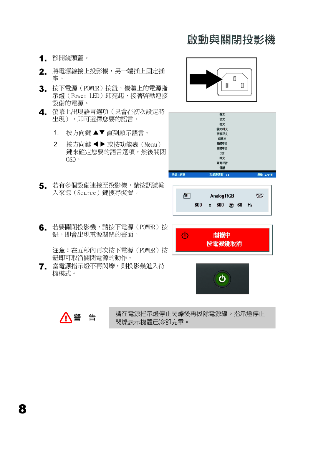 Planar PD7060 manual 啟動與關閉投影機 