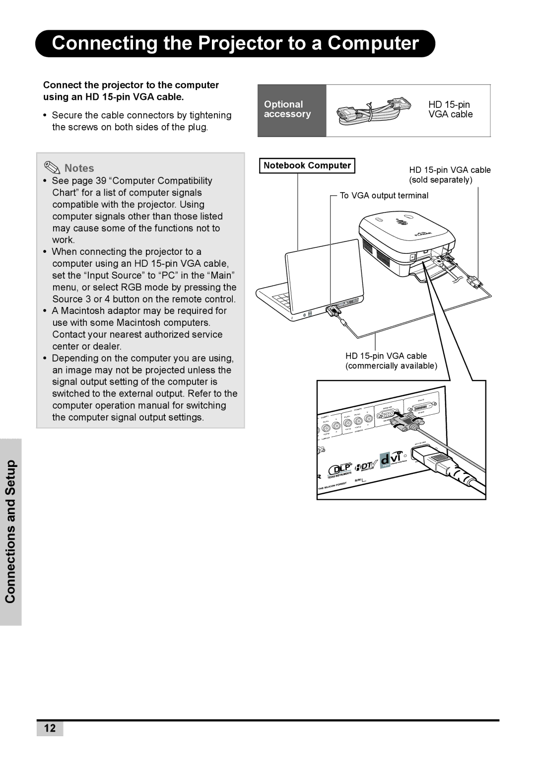 Planar PD7130 user manual Connecting the Projector to a Computer, Secure the cable connectors by tightening 