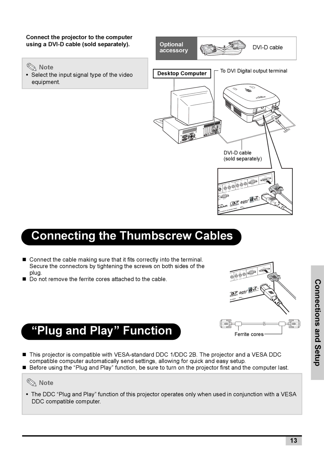 Planar PD7130 user manual Connecting the Thumbscrew Cables, Plug and Play Function 