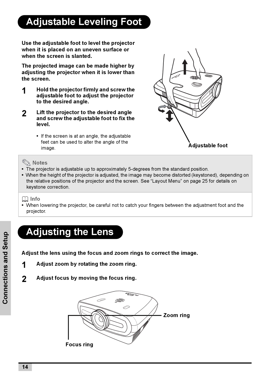 Planar PD7130 user manual Adjustable Leveling Foot, Adjusting the Lens 