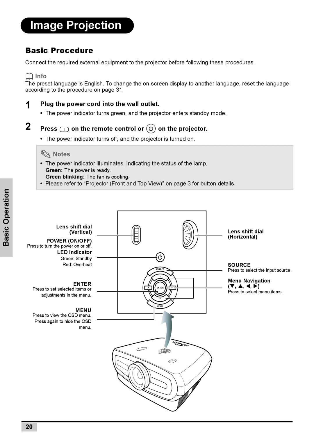 Planar PD7130 Image Projection, Basic Procedure, Plug the power cord into the wall outlet, Press On the remote control or 