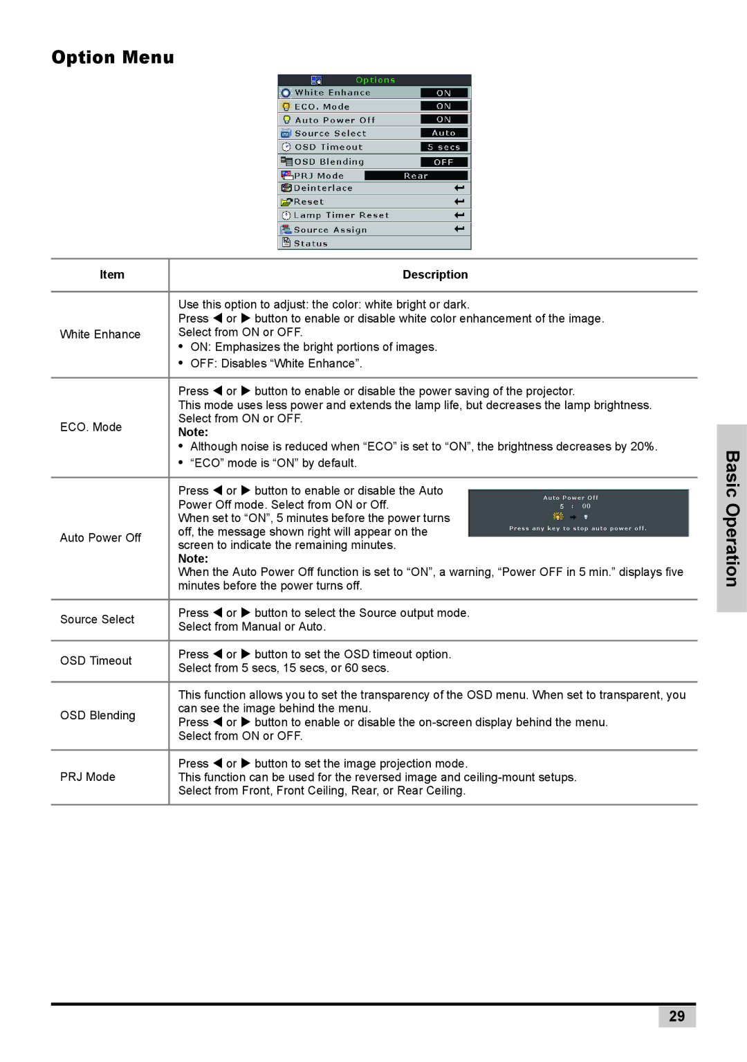 Planar PD7130 user manual Option Menu 