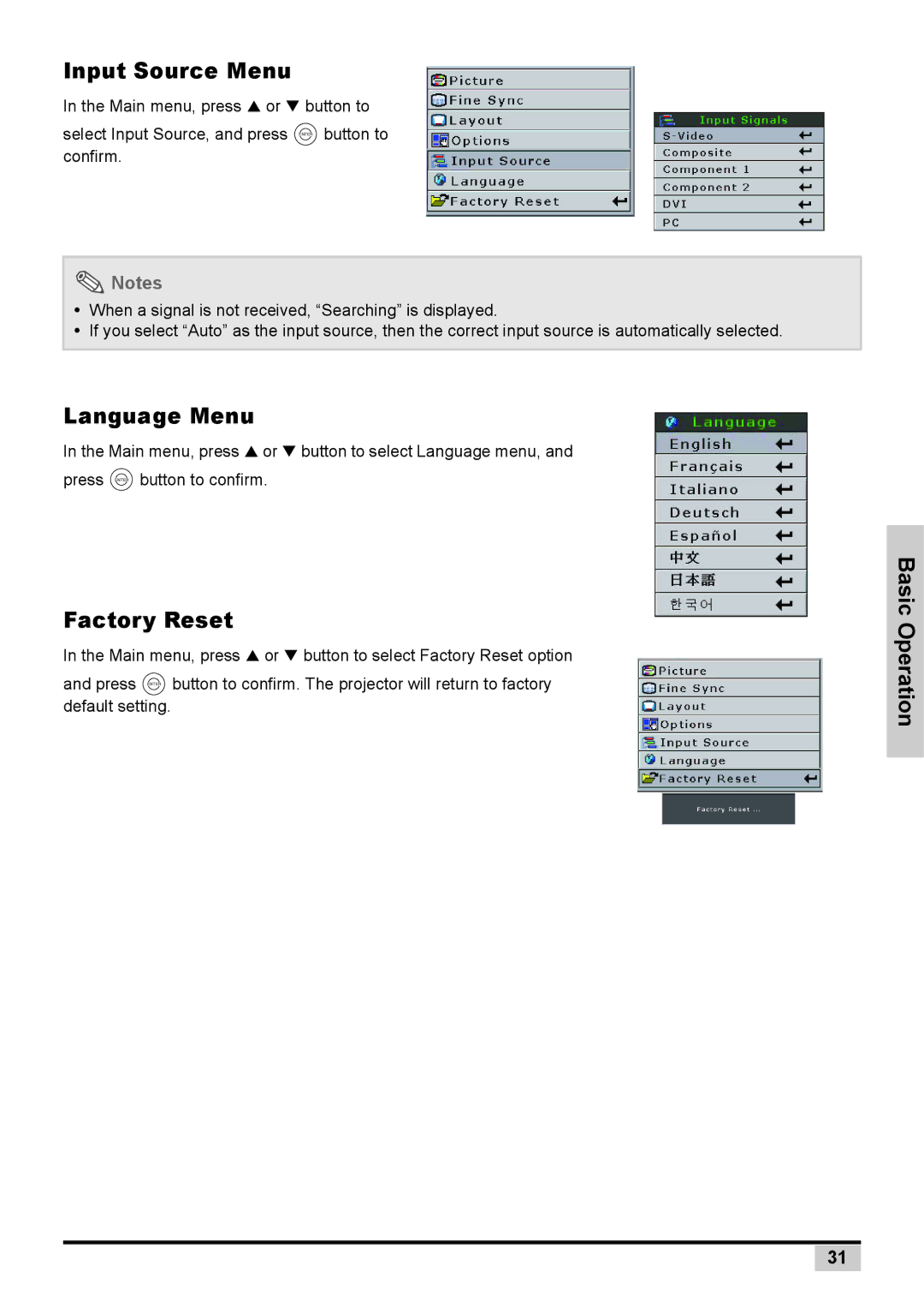 Planar PD7130 user manual Input Source Menu, Language Menu, Factory Reset 