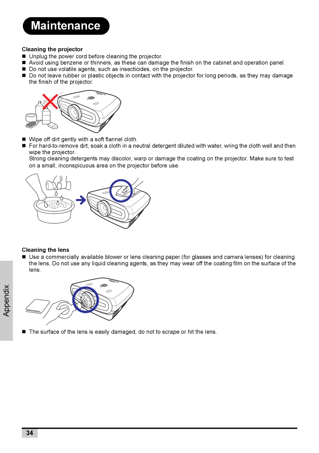 Planar PD7130 user manual Maintenance, Cleaning the projector, Cleaning the lens 