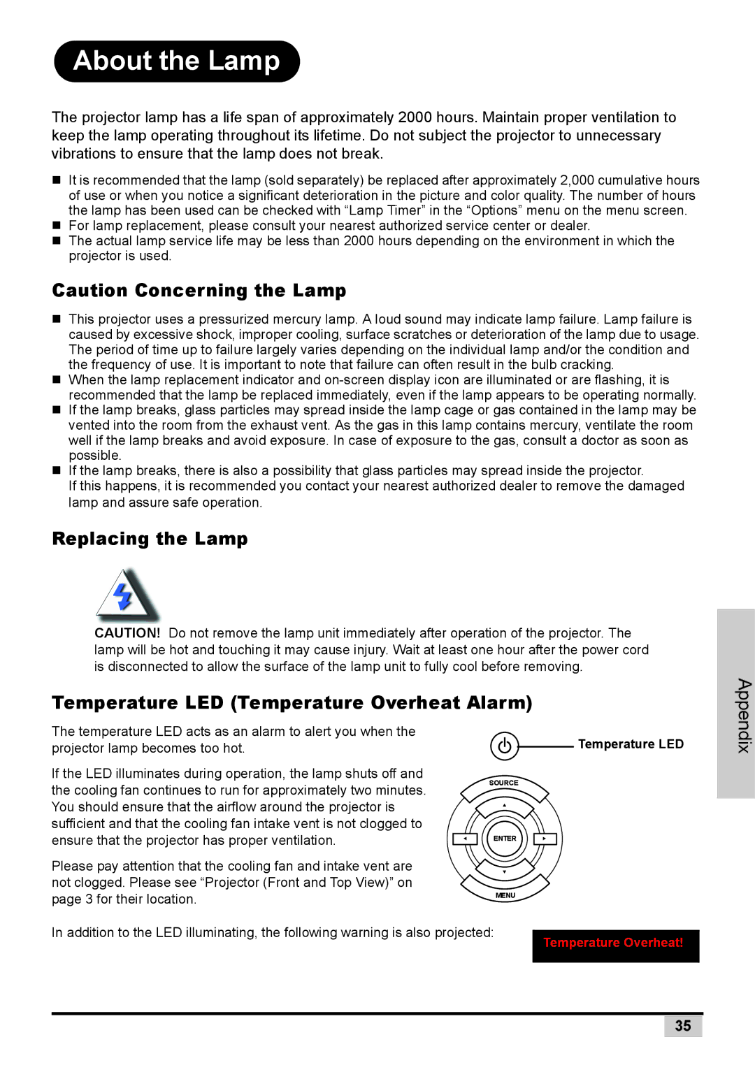 Planar PD7130 user manual About the Lamp 