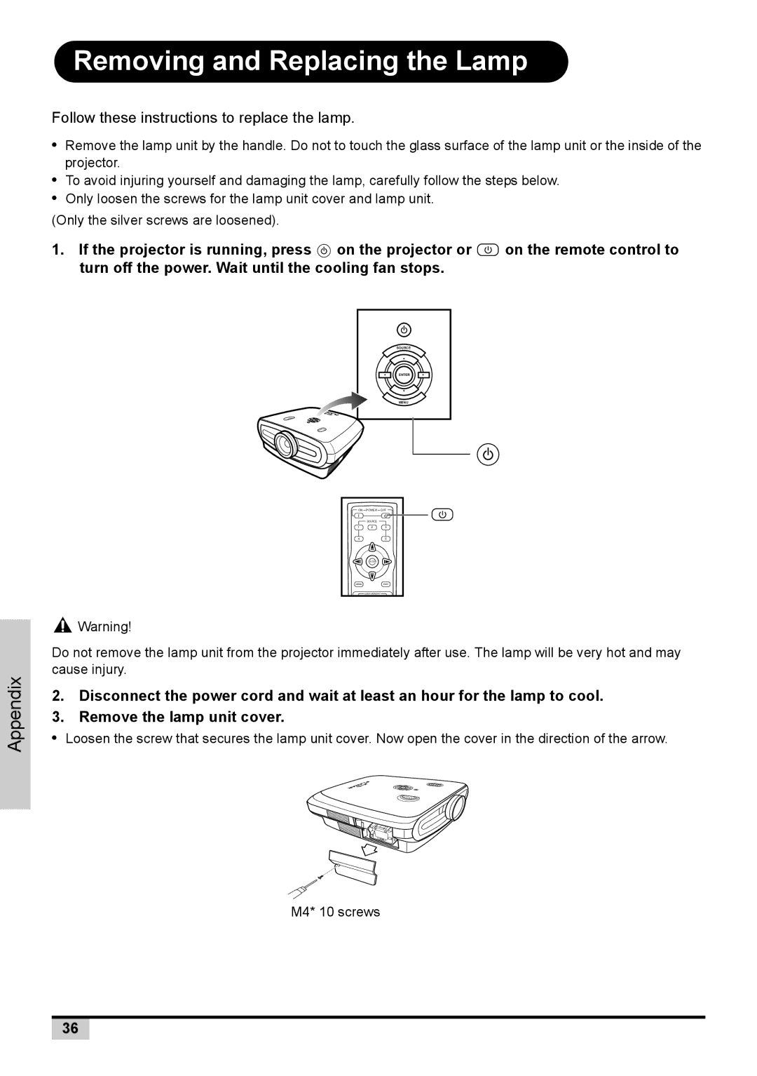 Planar PD7130 user manual Removing and Replacing the Lamp, Follow these instructions to replace the lamp 