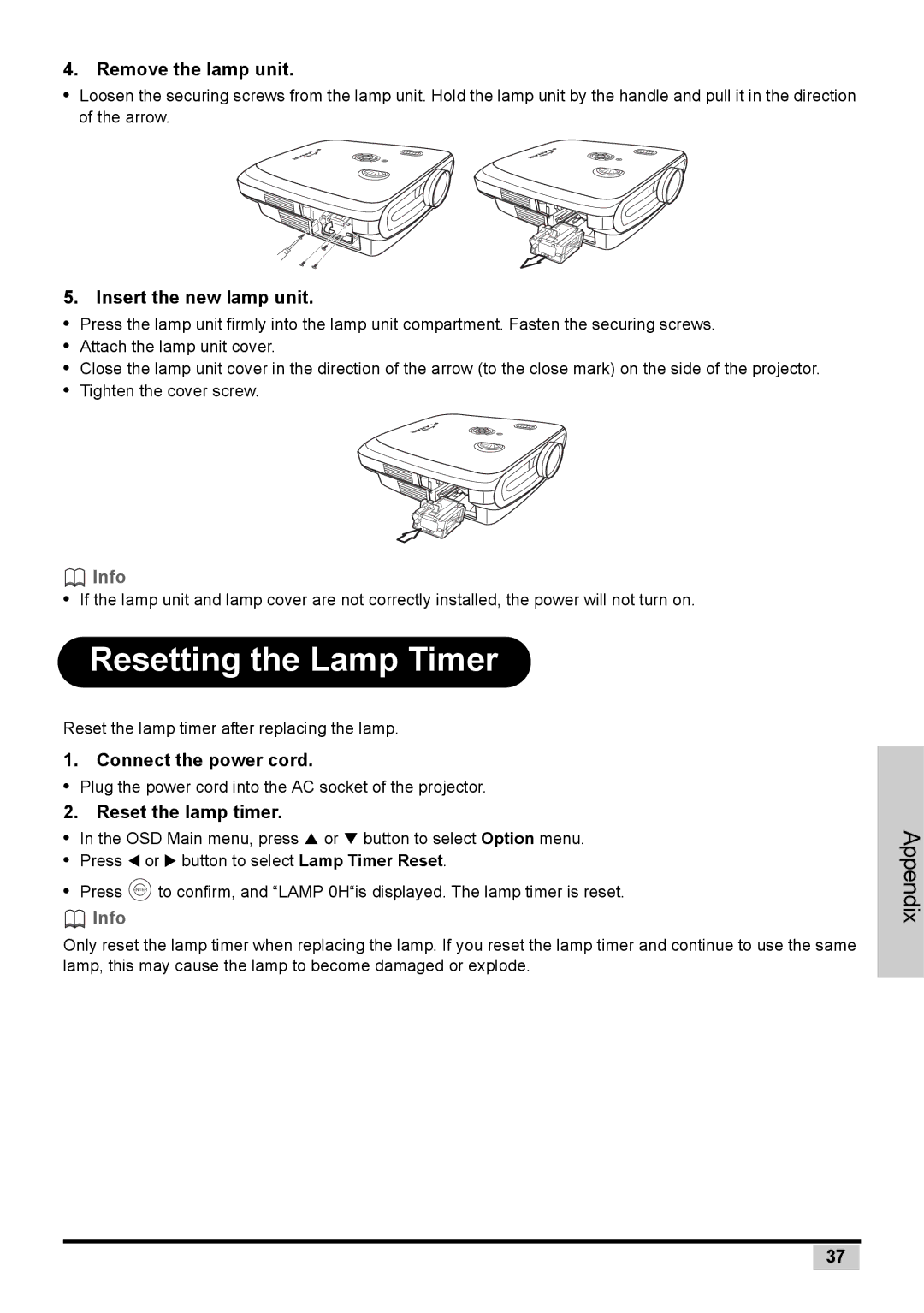 Planar PD7130 user manual Resetting the Lamp Timer, Remove the lamp unit, Insert the new lamp unit, Connect the power cord 