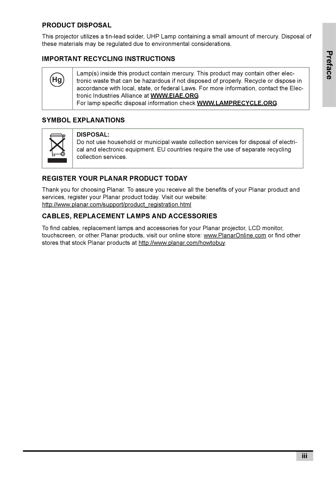 Planar PD7130 user manual Product Disposal, Iii 