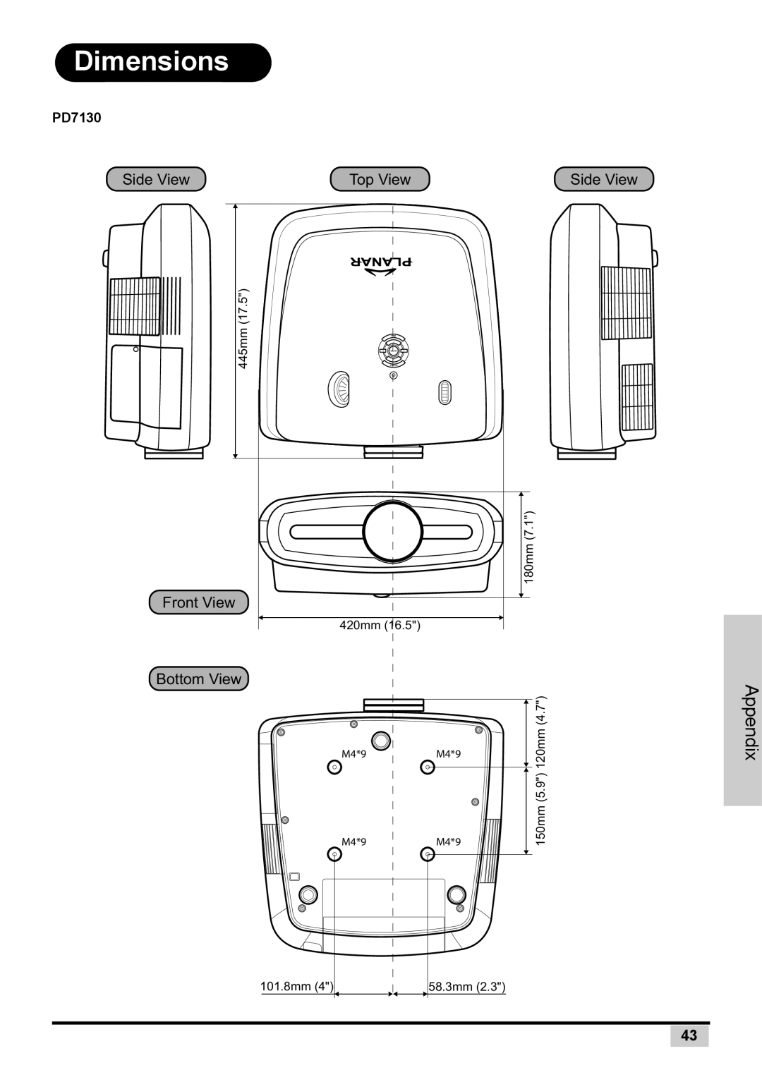 Planar PD7130 user manual Dimensions 