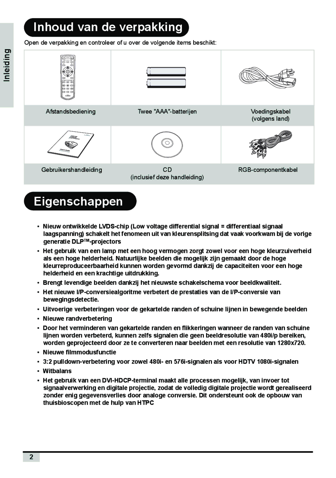 Planar PD7150, PD7130 manual Inhoud van de verpakking, Eigenschappen 