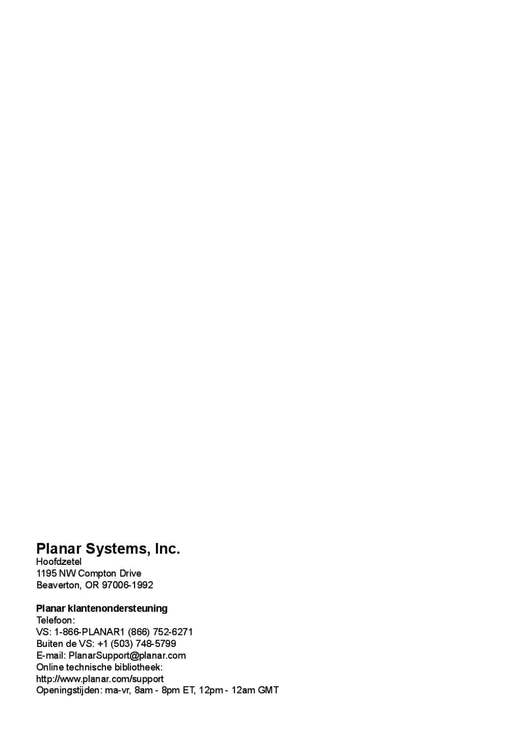 Planar PD7150, PD7130 manual Planar Systems, Inc, Planar klantenondersteuning 