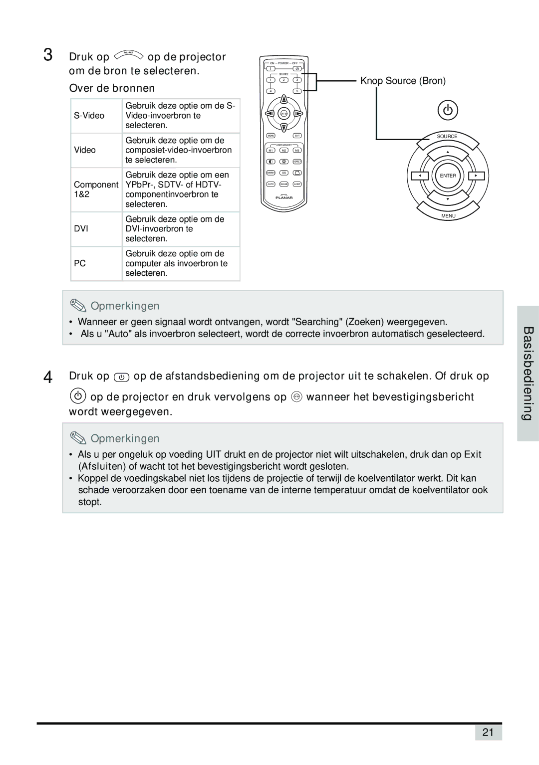 Planar PD7130, PD7150 manual Druk op, Op de projector, Om de bron te selecteren. Over de bronnen 