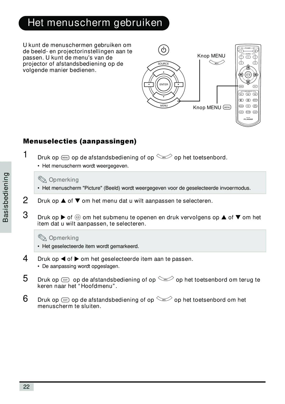 Planar PD7150, PD7130 manual Het menuscherm gebruiken, Menuselecties aanpassingen 