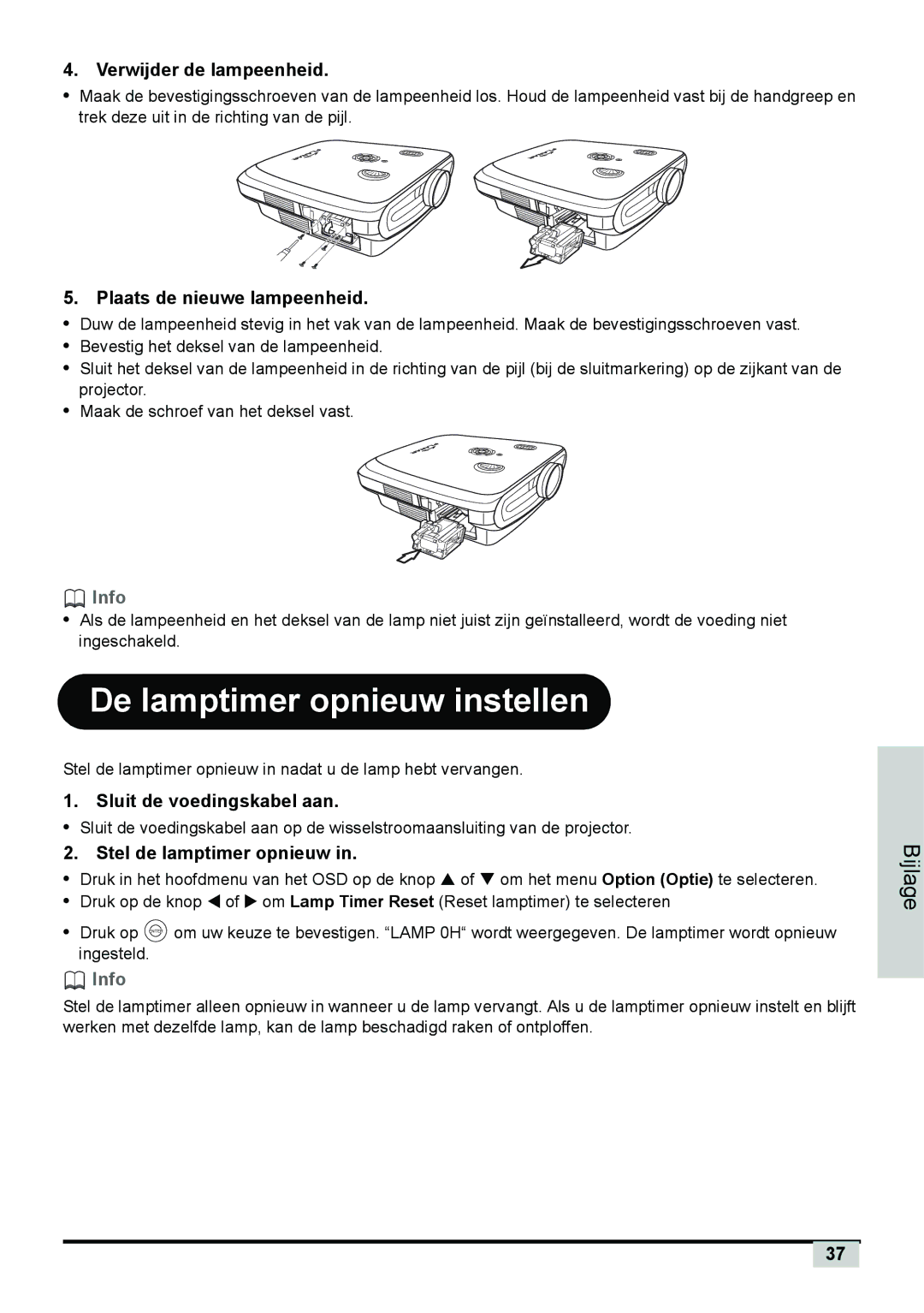 Planar PD7130, PD7150 manual De lamptimer opnieuw instellen, Verwijder de lampeenheid, Plaats de nieuwe lampeenheid 