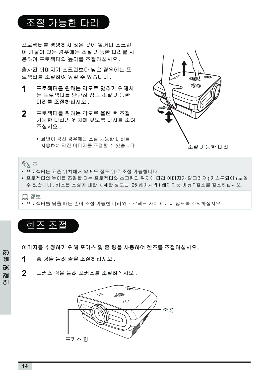 Planar PD7150, PD7130 manual 조절 가능한 다리, 렌즈 조절, 이미지를 수정하기 위해 포커스 및 줌 링을 사용하여 렌즈를 조절하십시오 링을 돌려 줌을 조절하십시오, 포커스 링 