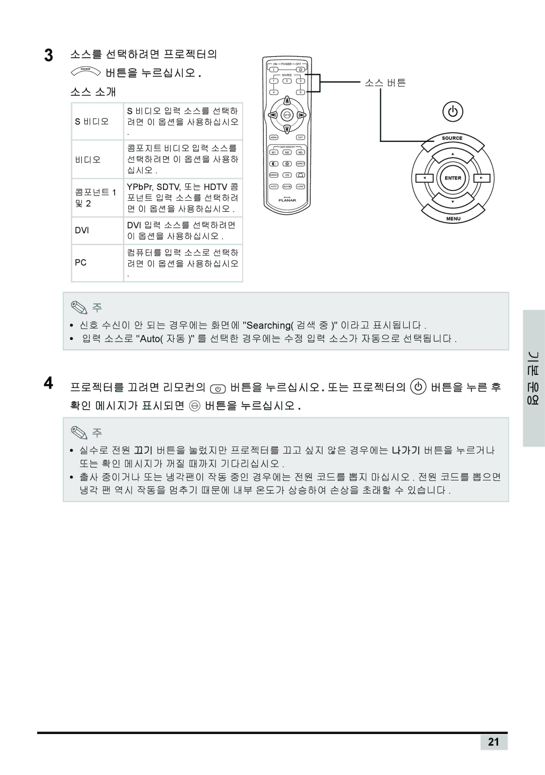 Planar PD7130, PD7150 manual 소스를 선택하려면 프로젝터의, 소스 소개, 프로젝터를 끄려면 리모컨의 버튼을 누르십시오. 또는 프로젝터의, 확인 메시지가 표시되면 Enter 버튼을 누르십시오 