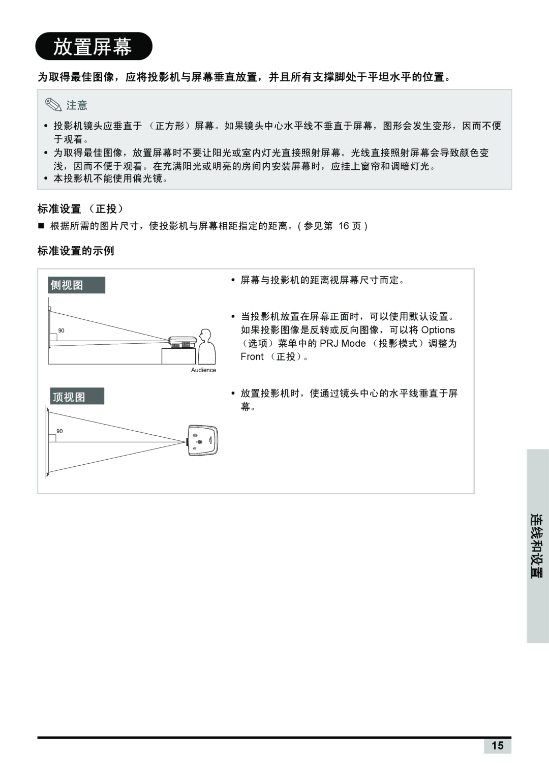 Planar PD7130, PD7150 manual 放置屏幕, 为取得最佳图像，应将投影机与屏幕垂直放置，并且所有支撑脚处于平坦水平的位置。, 标准设置 （正投）, 标准设置的示例 