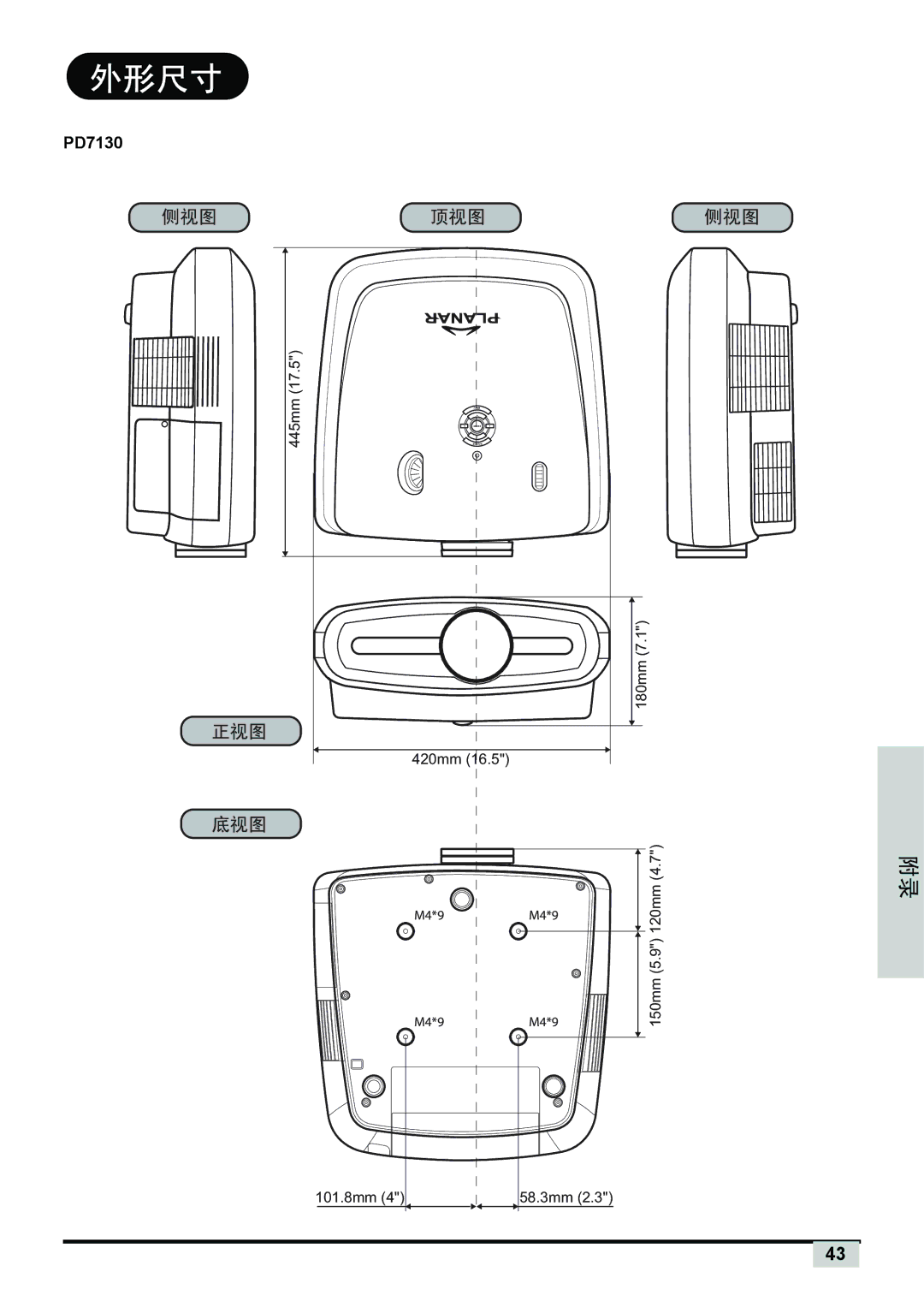 Planar PD7130, PD7150 manual 外形尺寸 