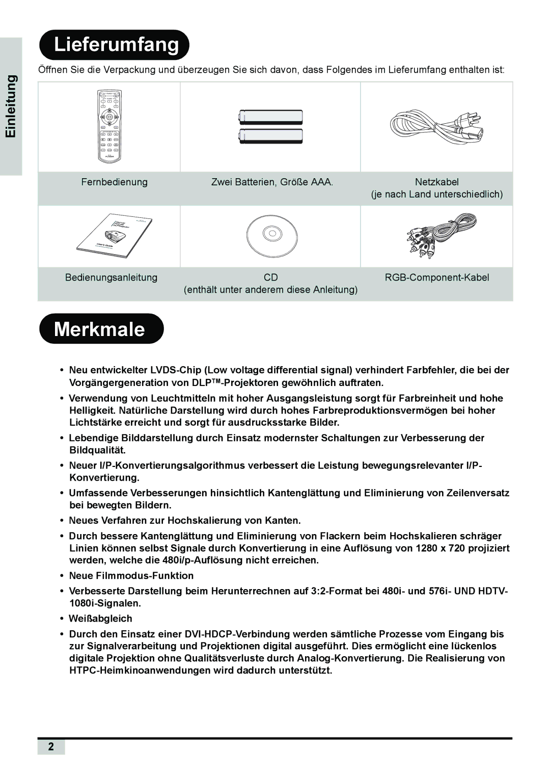 Planar PD7150, PD7130 manual Lieferumfang, Merkmale 