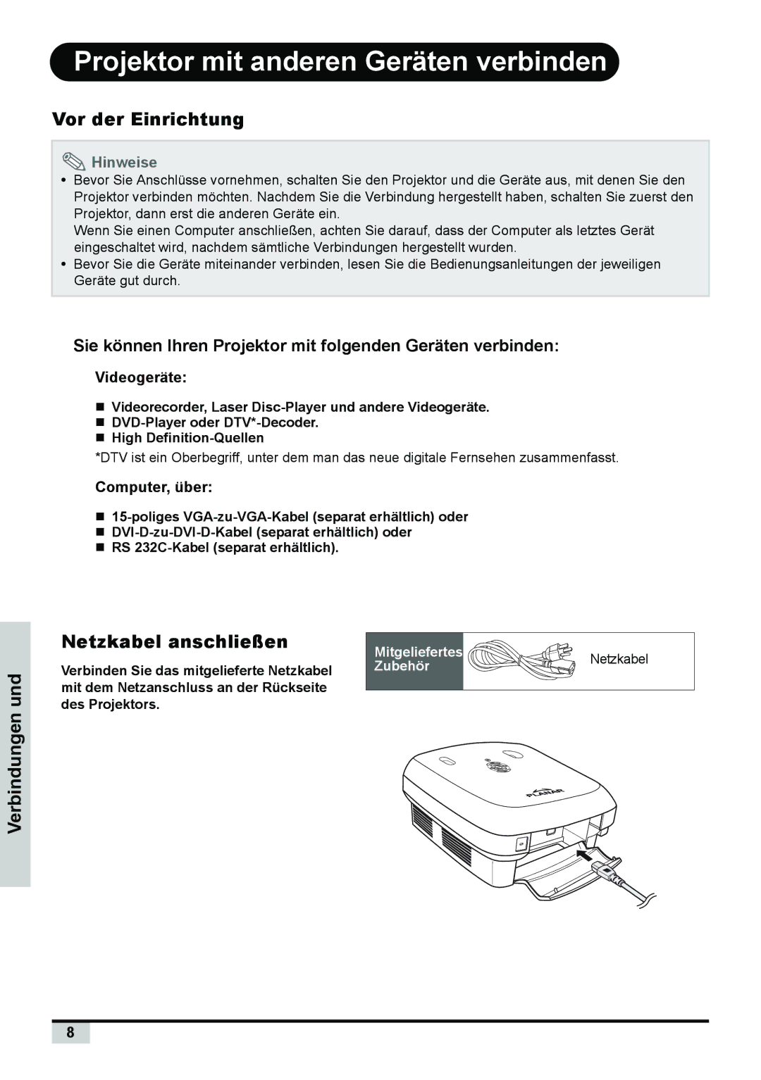 Planar PD7150, PD7130 Projektor mit anderen Geräten verbinden, Vor der Einrichtung, Verbindungen und Netzkabel anschließen 