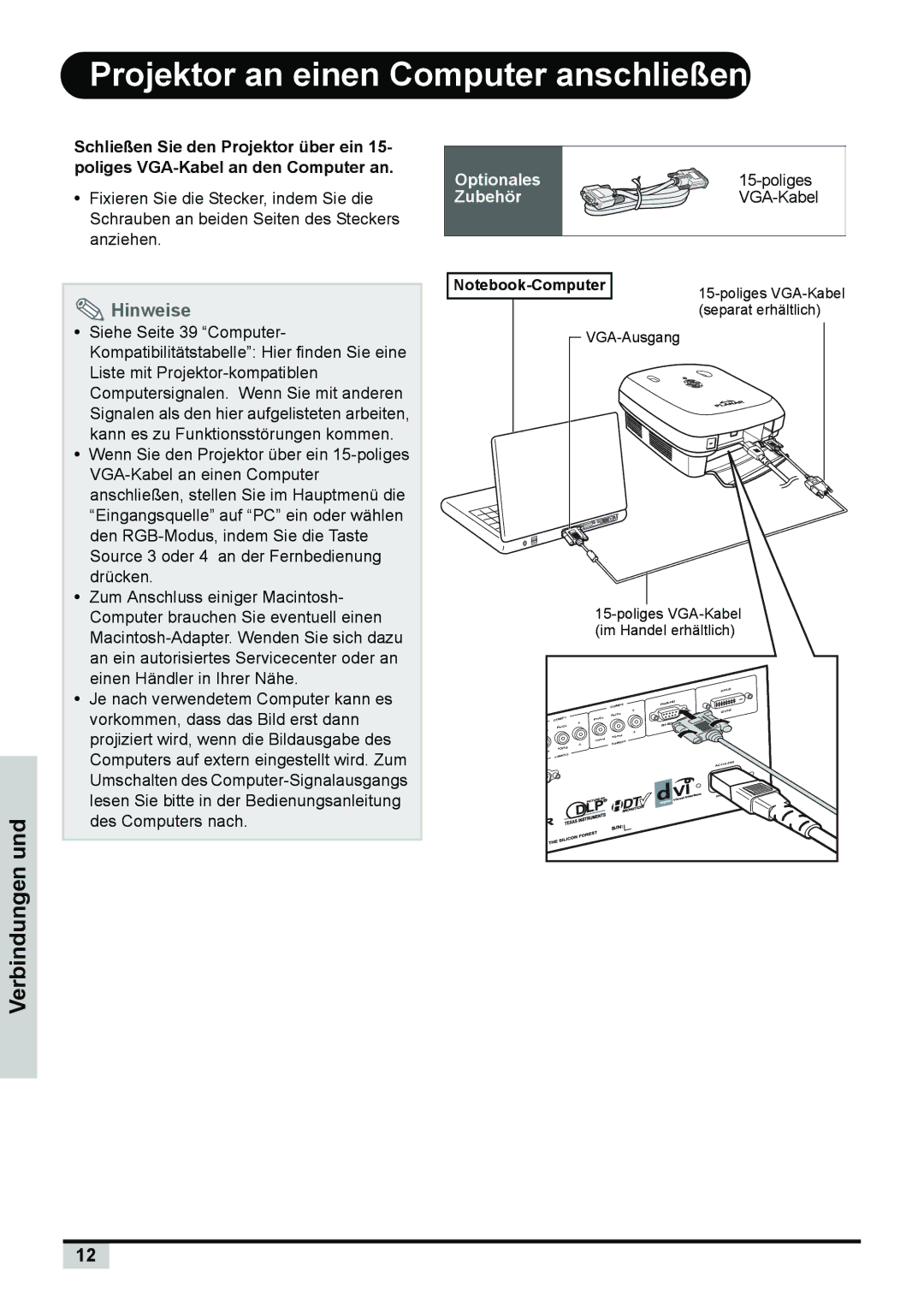 Planar PD7150, PD7130 manual Projektor an einen Computer anschließen, Verbindungen und 