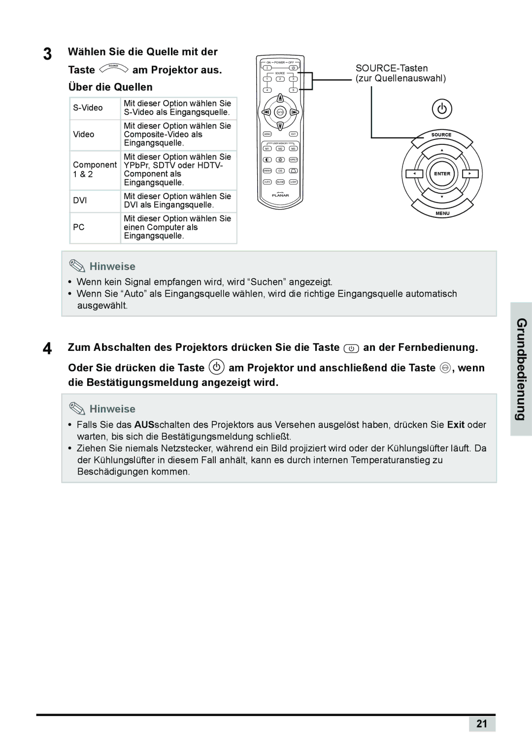 Planar PD7130, PD7150 manual Wählen Sie die Quelle mit der, Taste, Am Projektor aus, Über die Quellen 