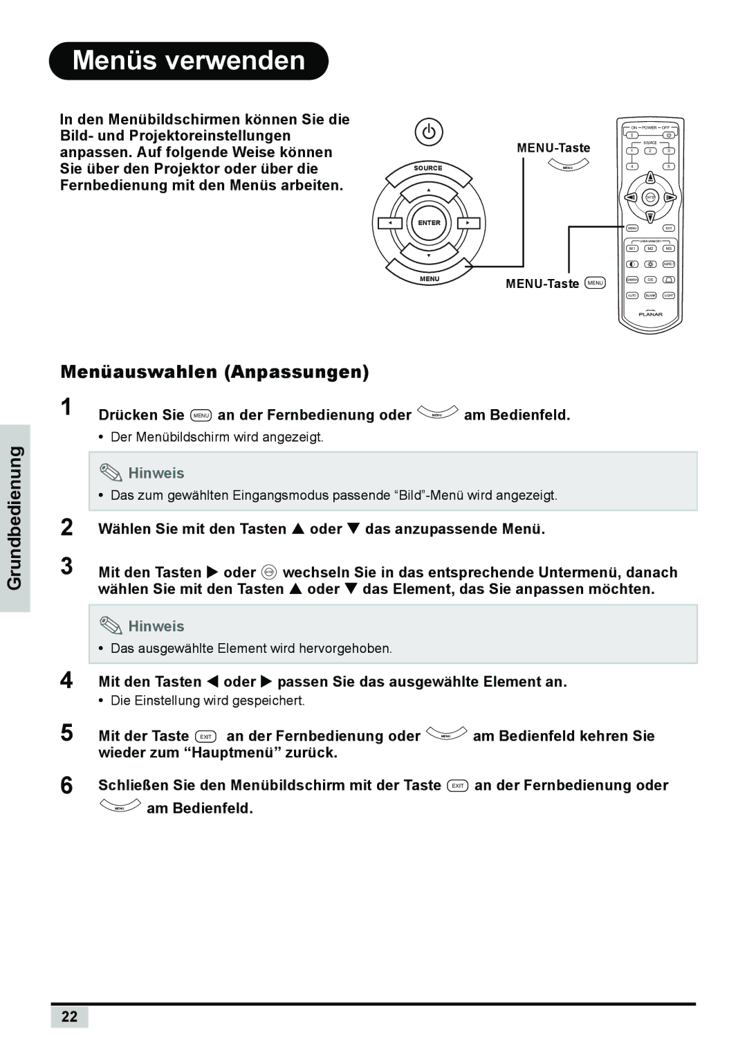 Planar PD7150, PD7130 manual Menüs verwenden, Grundbedienung Menüauswahlen Anpassungen 