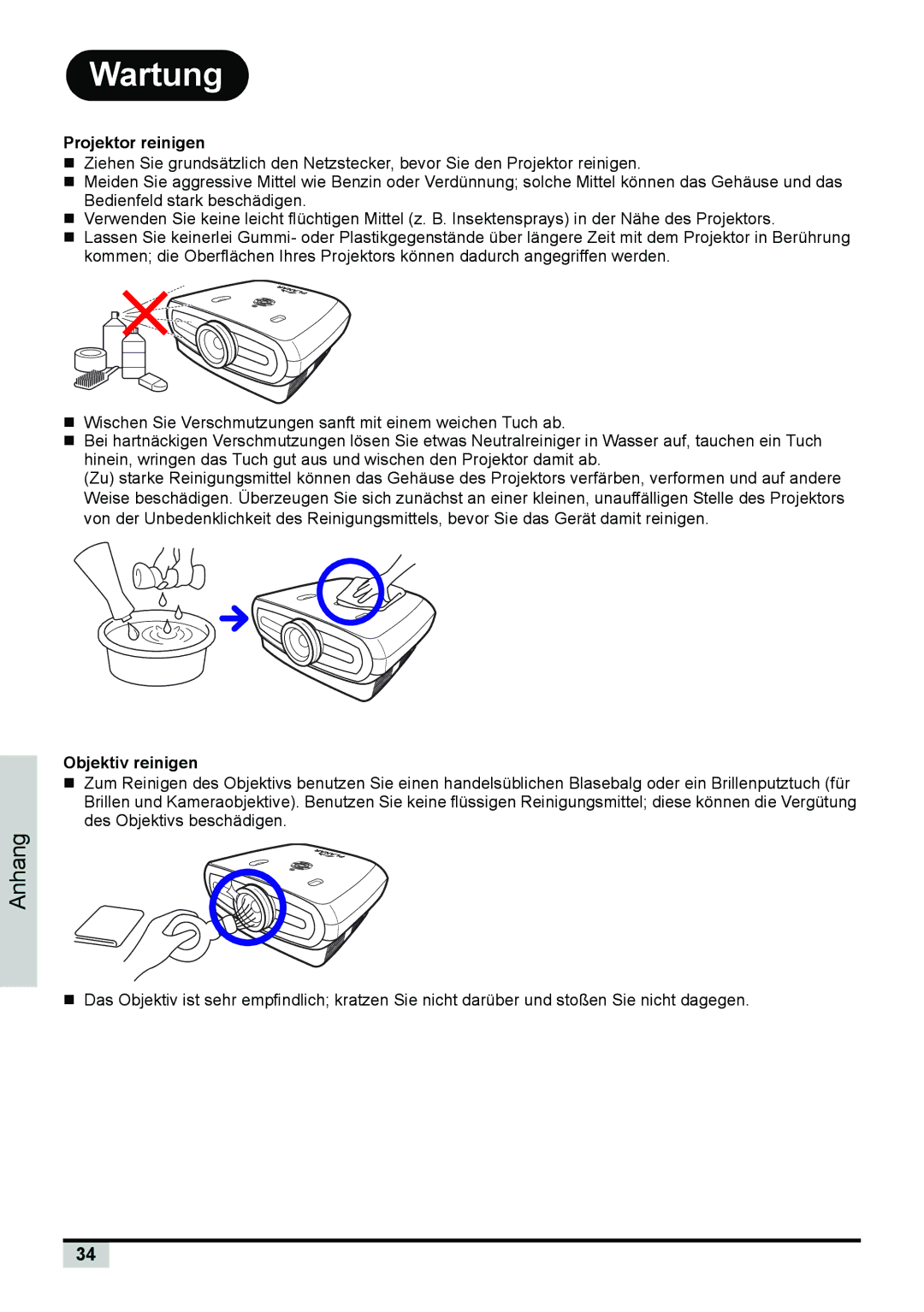 Planar PD7150, PD7130 manual Wartung, Projektor reinigen, Objektiv reinigen 