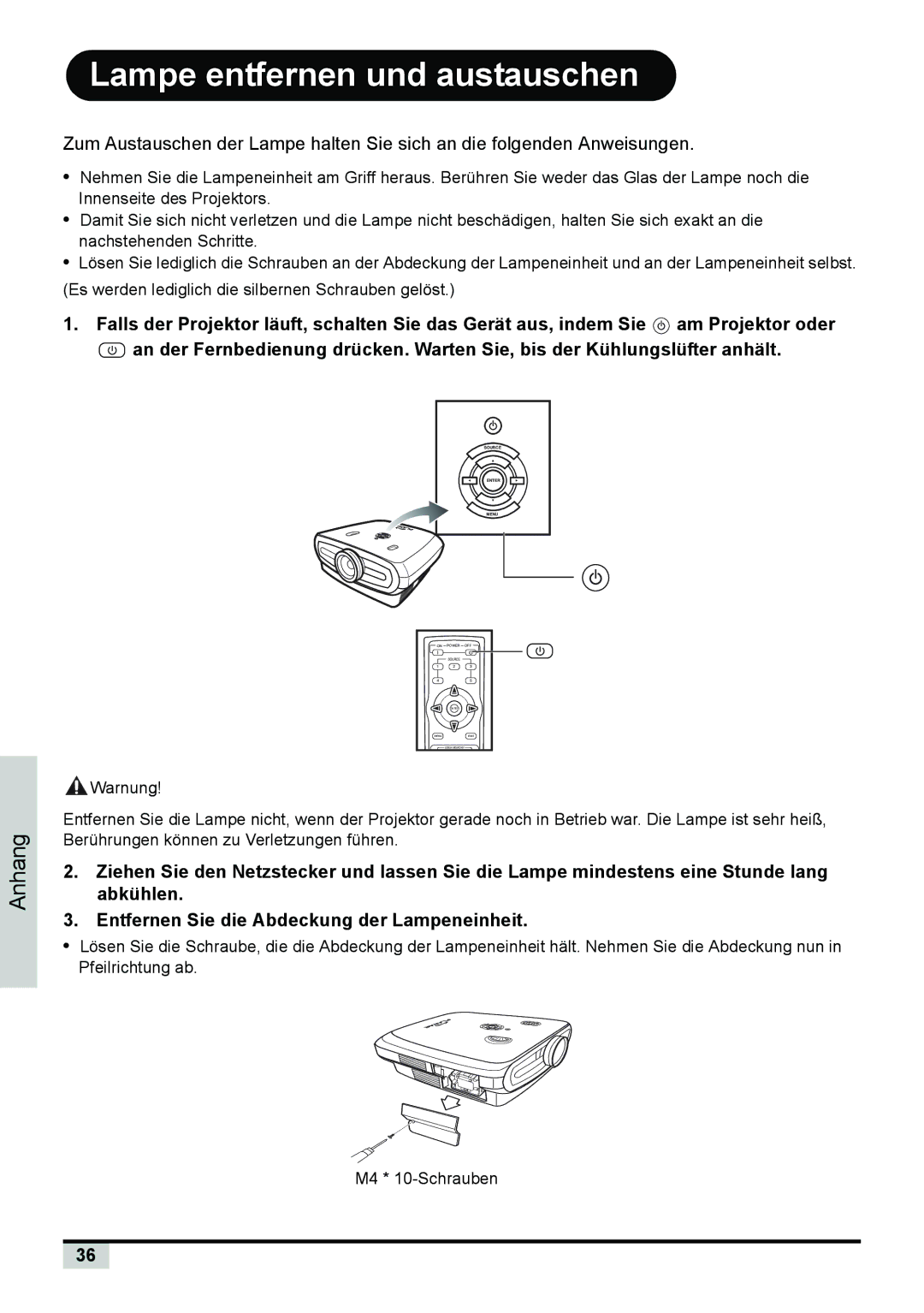 Planar PD7150, PD7130 manual Lampe entfernen und austauschen 