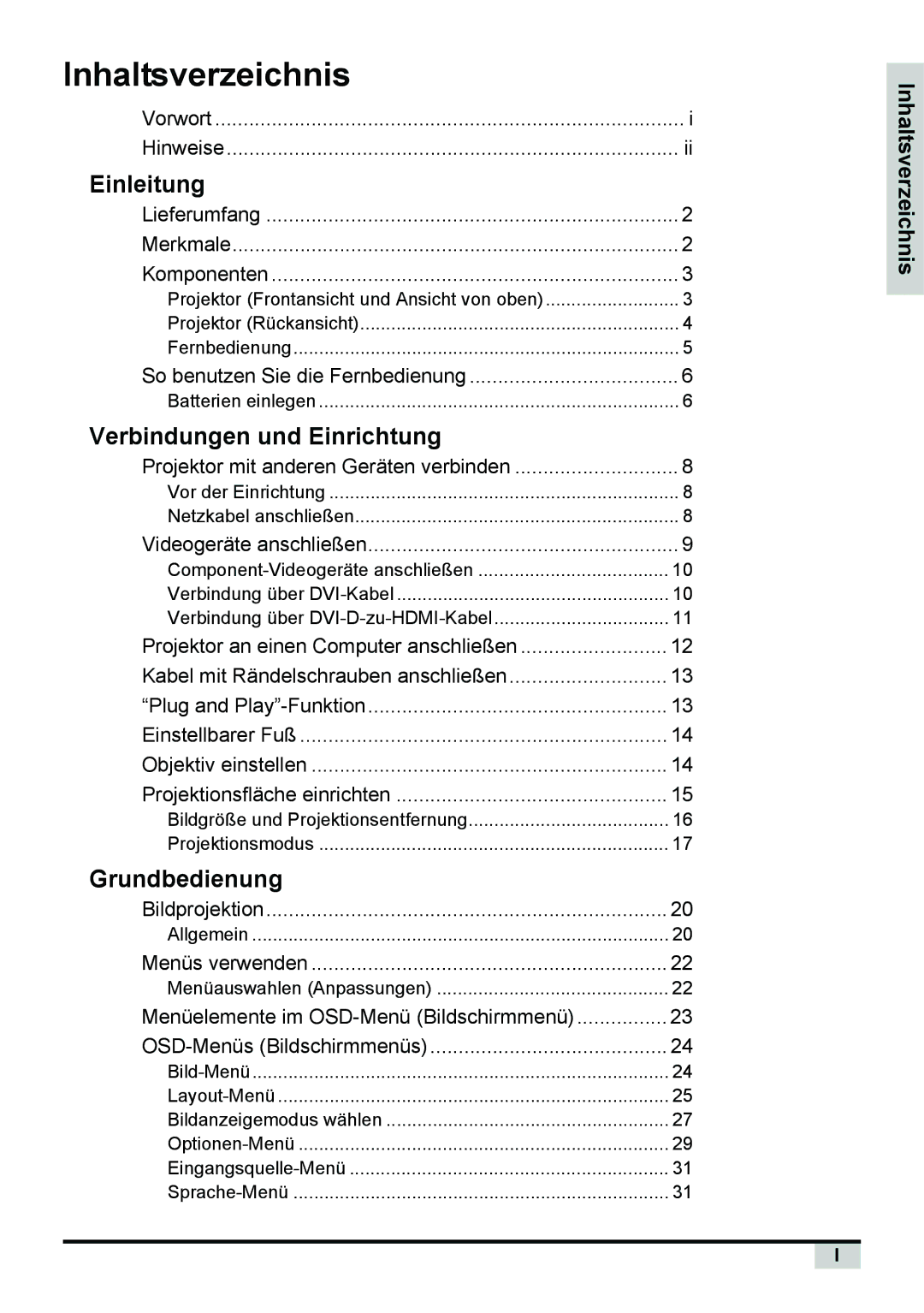 Planar PD7130, PD7150 manual Inhaltsverzeichnis 