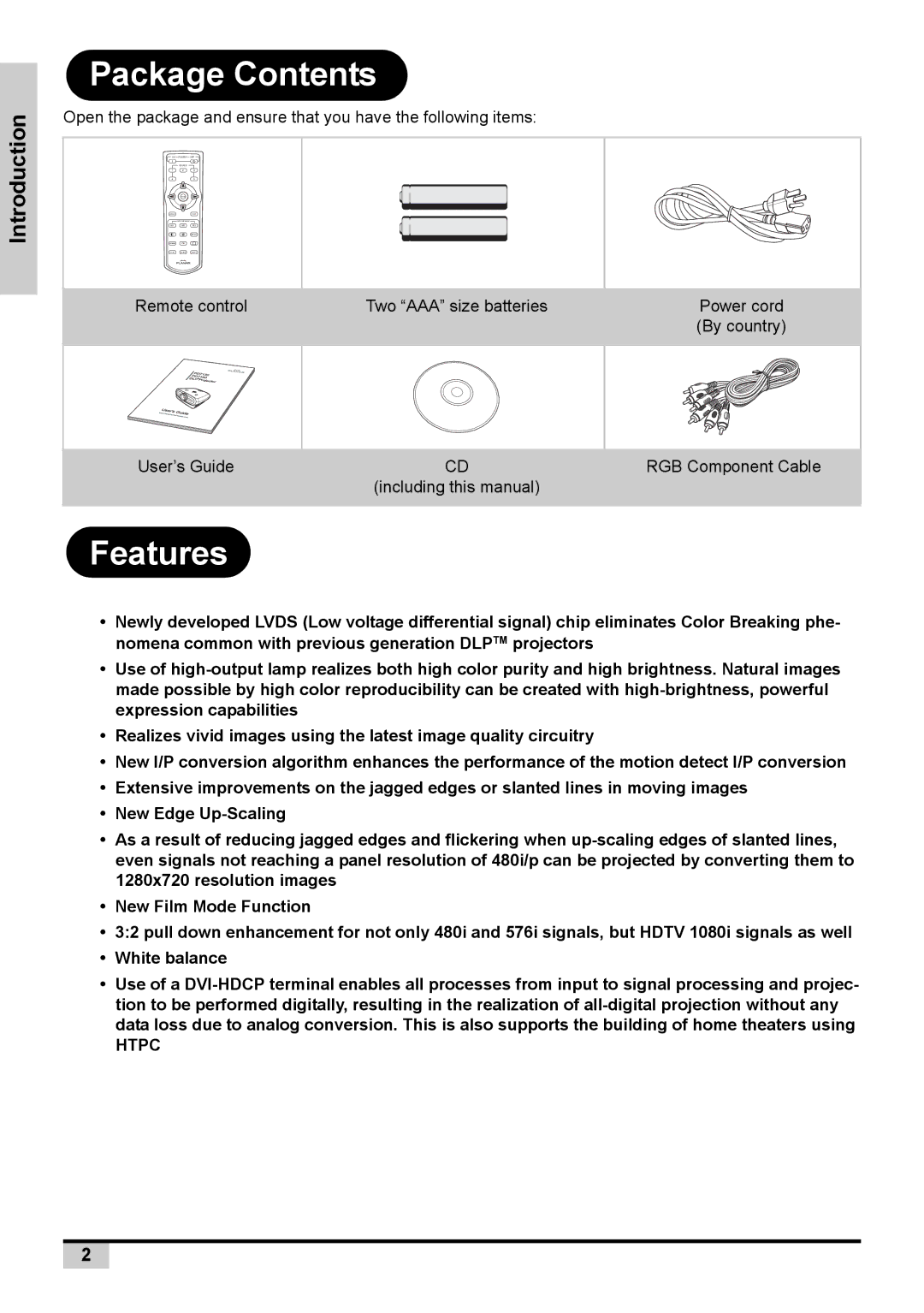 Planar PD7150, PD7130 user manual Package Contents, Features 